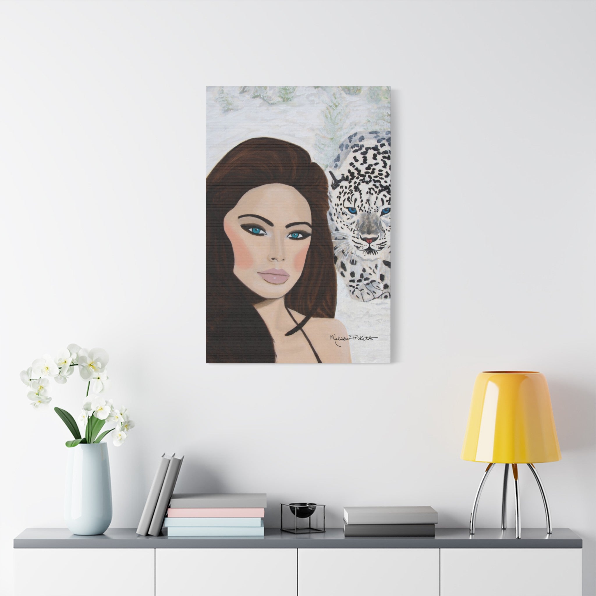 Woman & Snow Leopard | Satin Canvas, Stretched