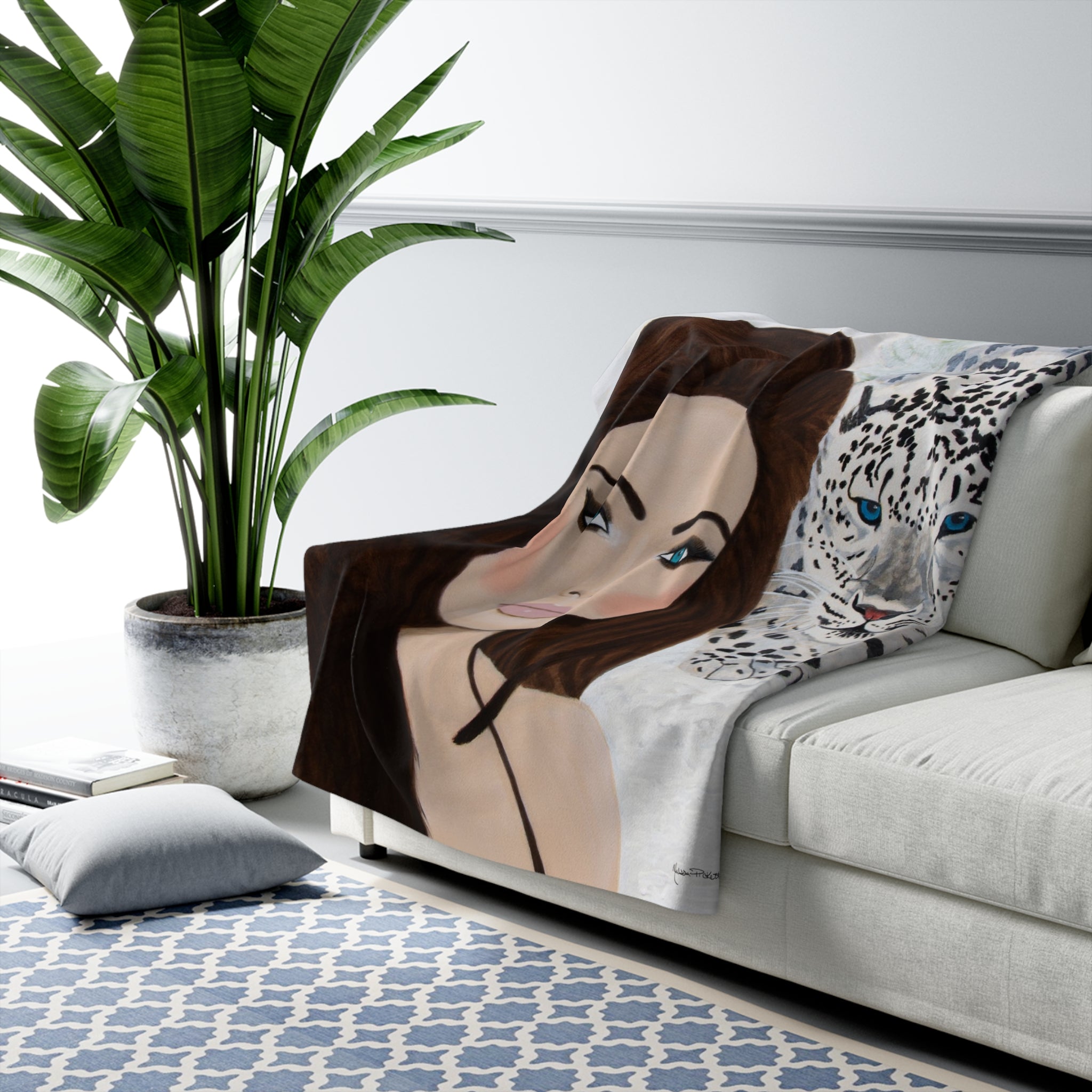 Woman & Snow Leopard | Sherpa Fleece Blanket