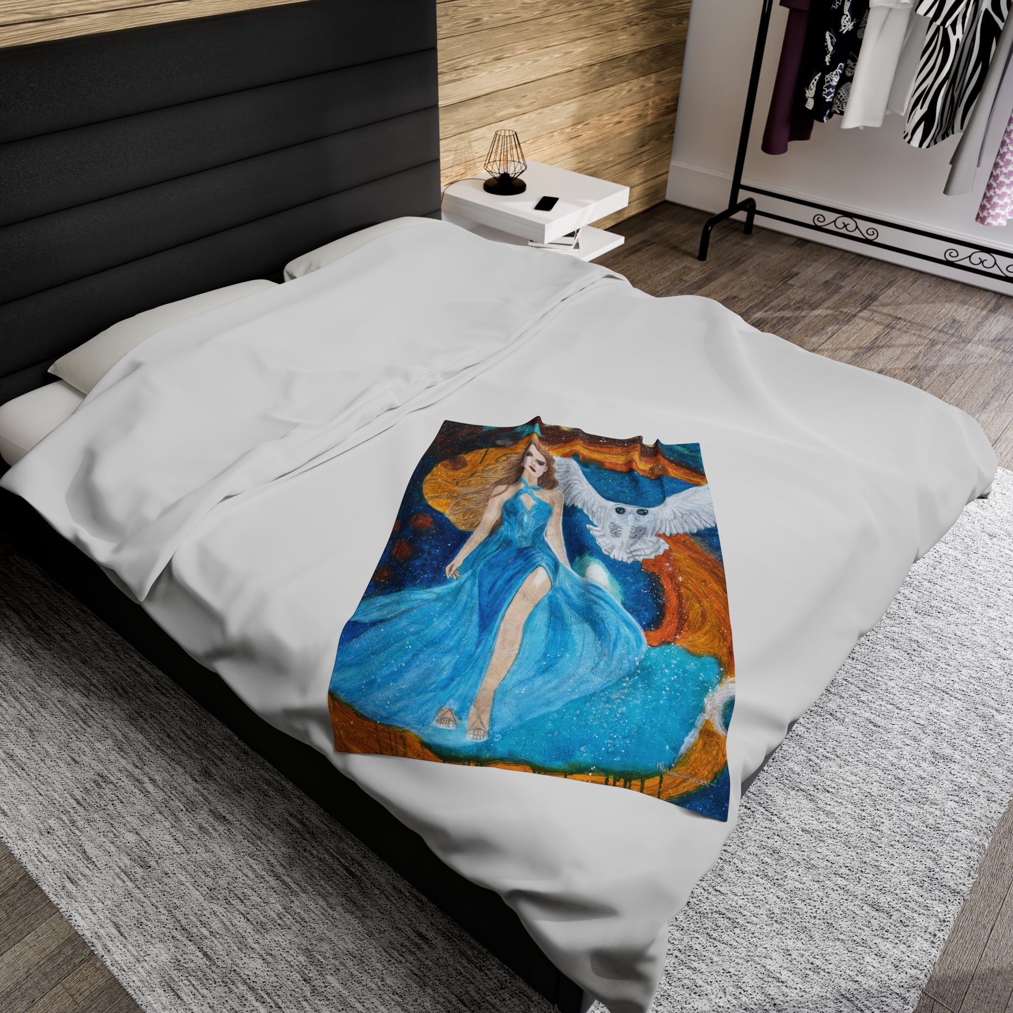 Galaxy Girl with Owl | Velveteen Plush Blanket