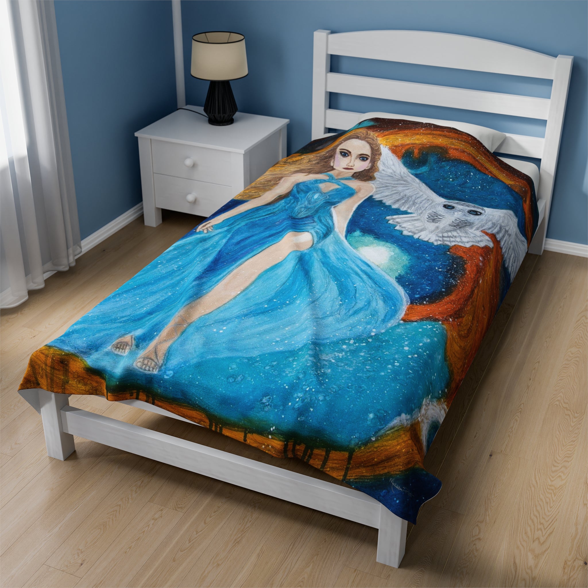 Galaxy Girl with Owl | Velveteen Plush Blanket