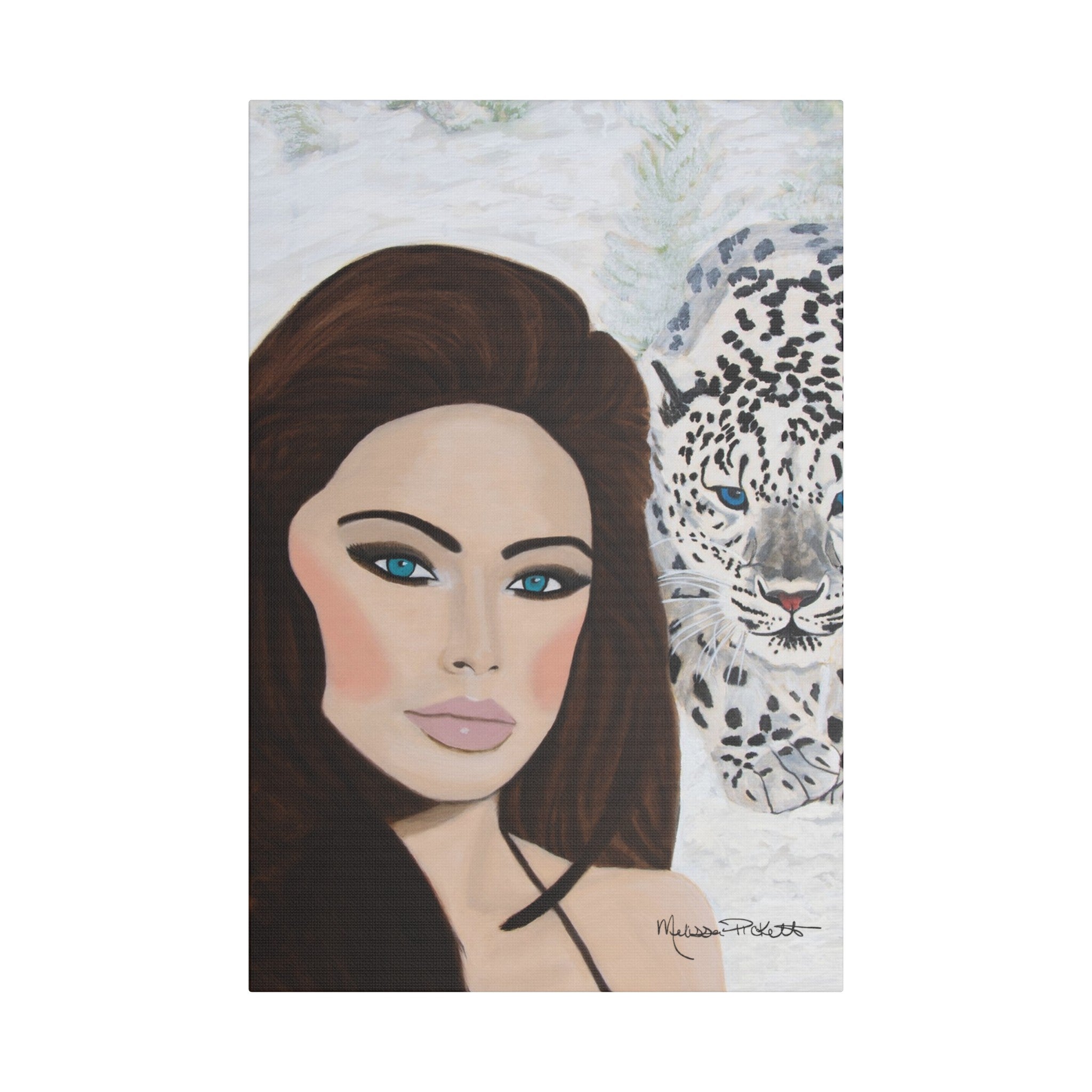 Woman & Snow Leopard | Satin Canvas, Stretched