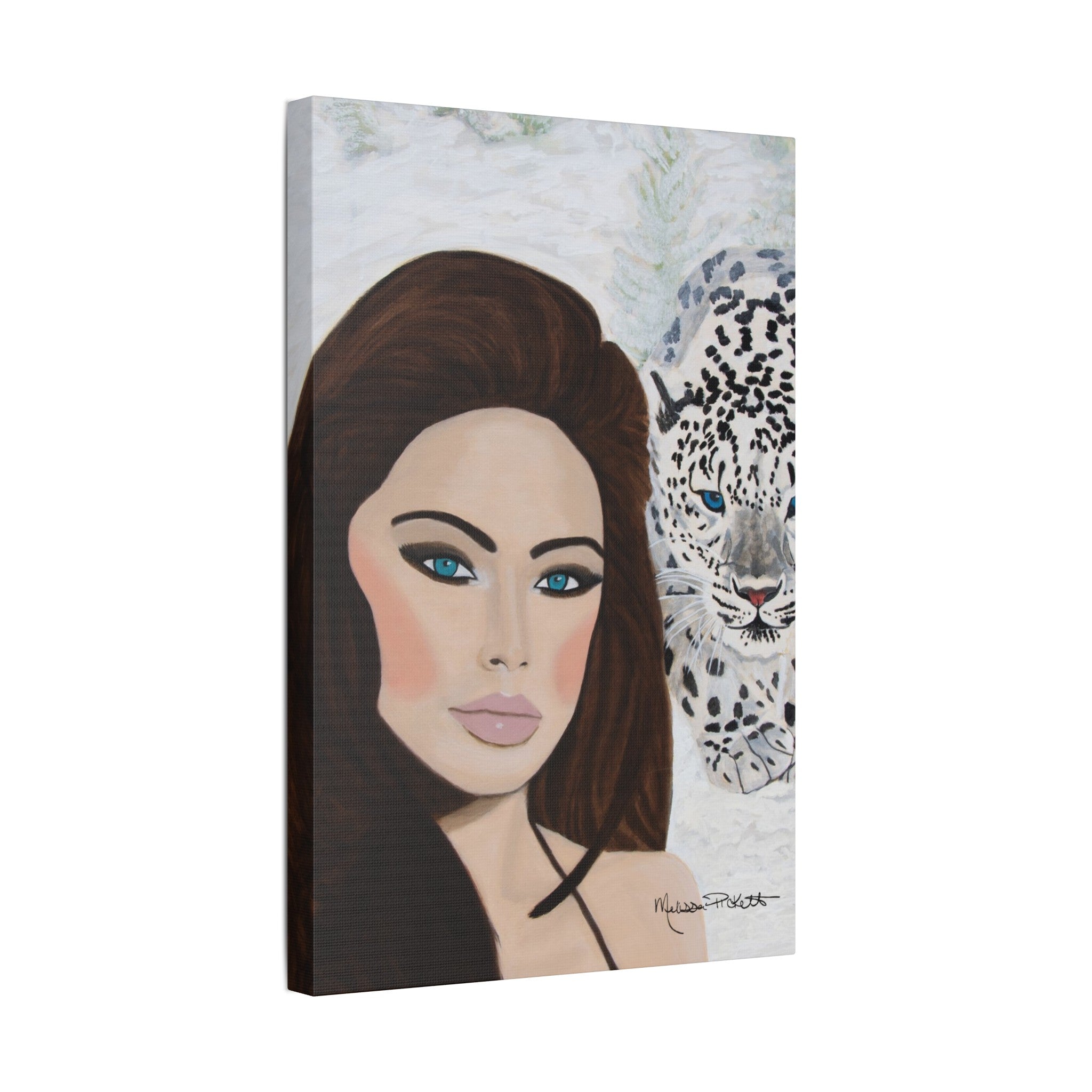 Woman & Snow Leopard | Satin Canvas, Stretched