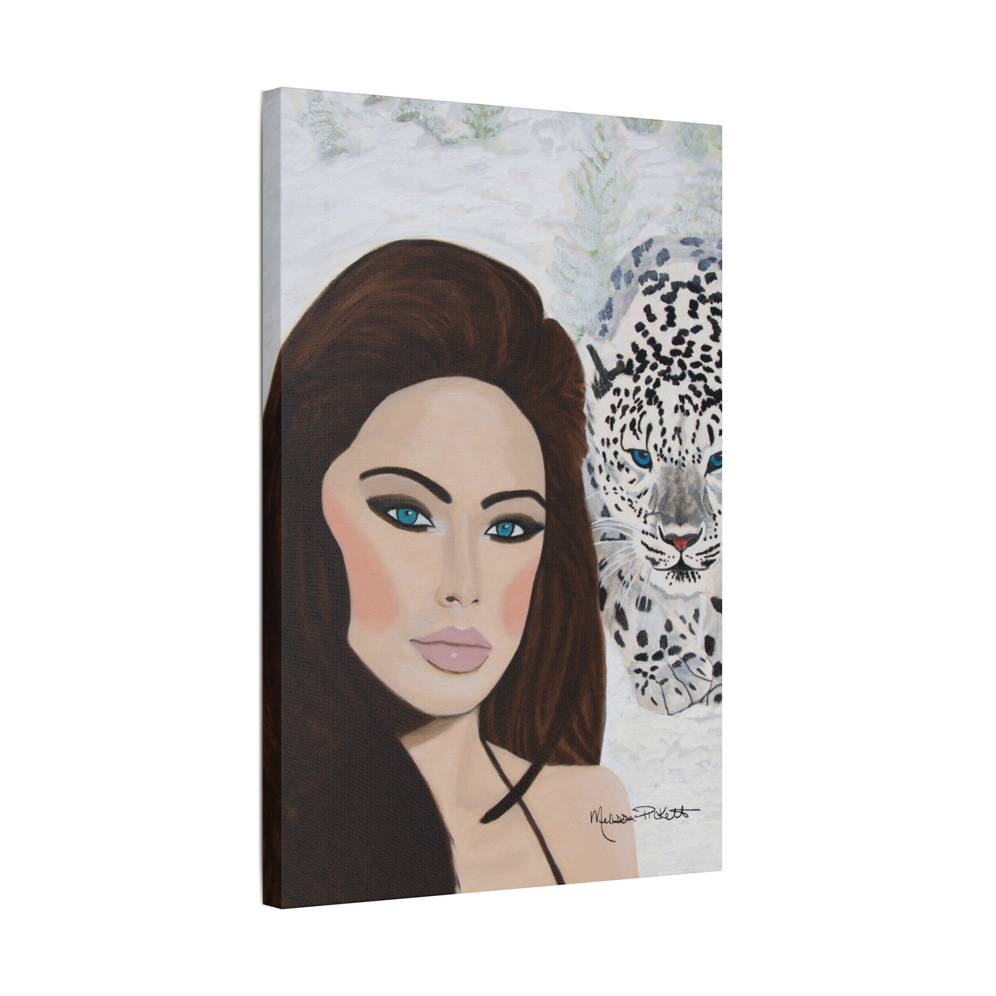 Woman & Snow Leopard | Satin Canvas, Stretched