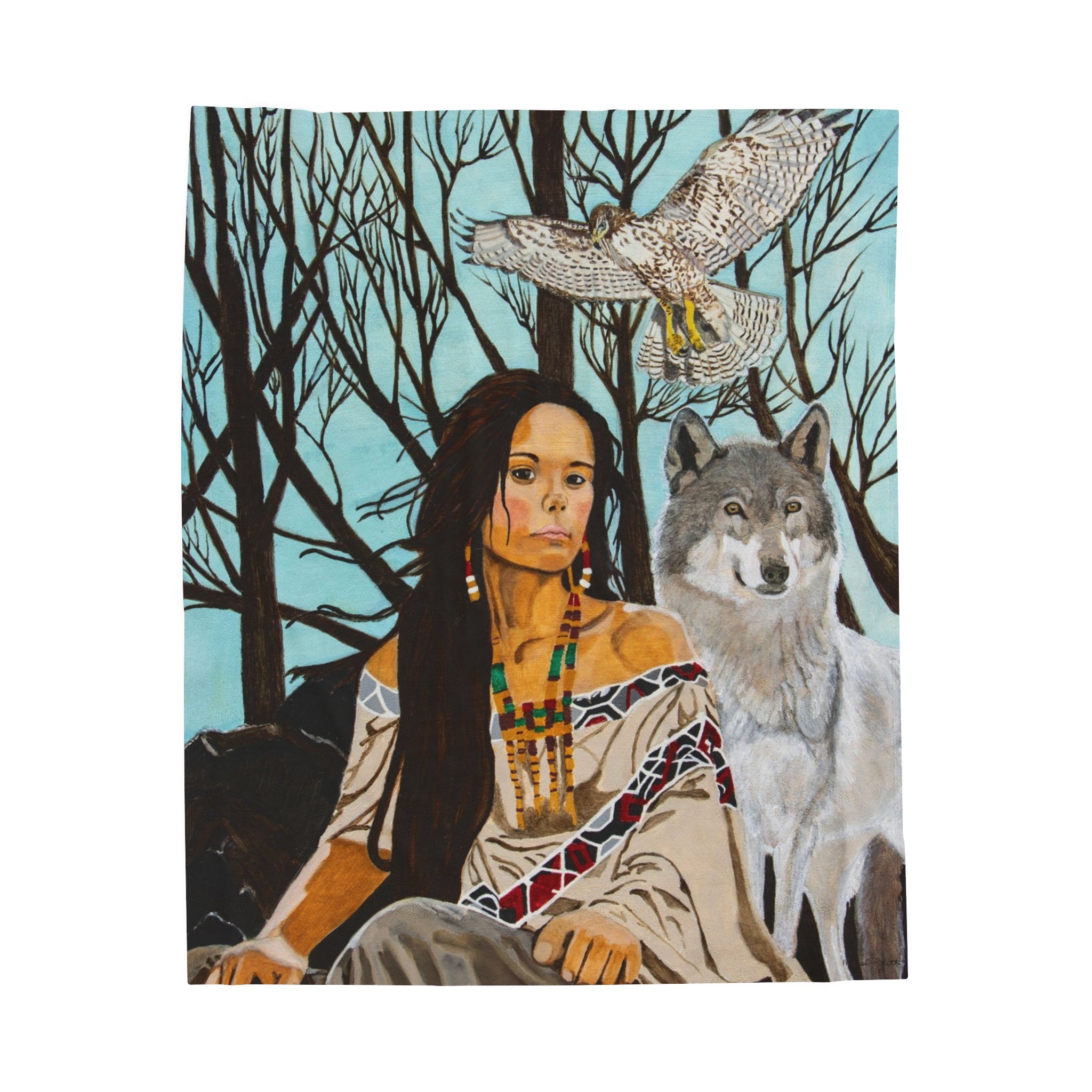 Native American Girl, Wolf, & Hawk | Velveteen Plush Blanket