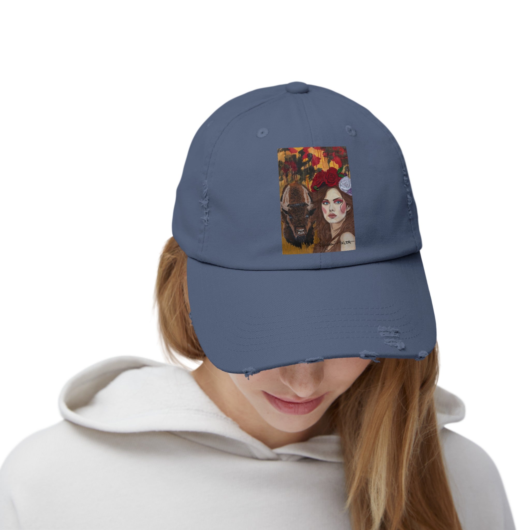 Woman & Bison | Unisex Distressed Cap
