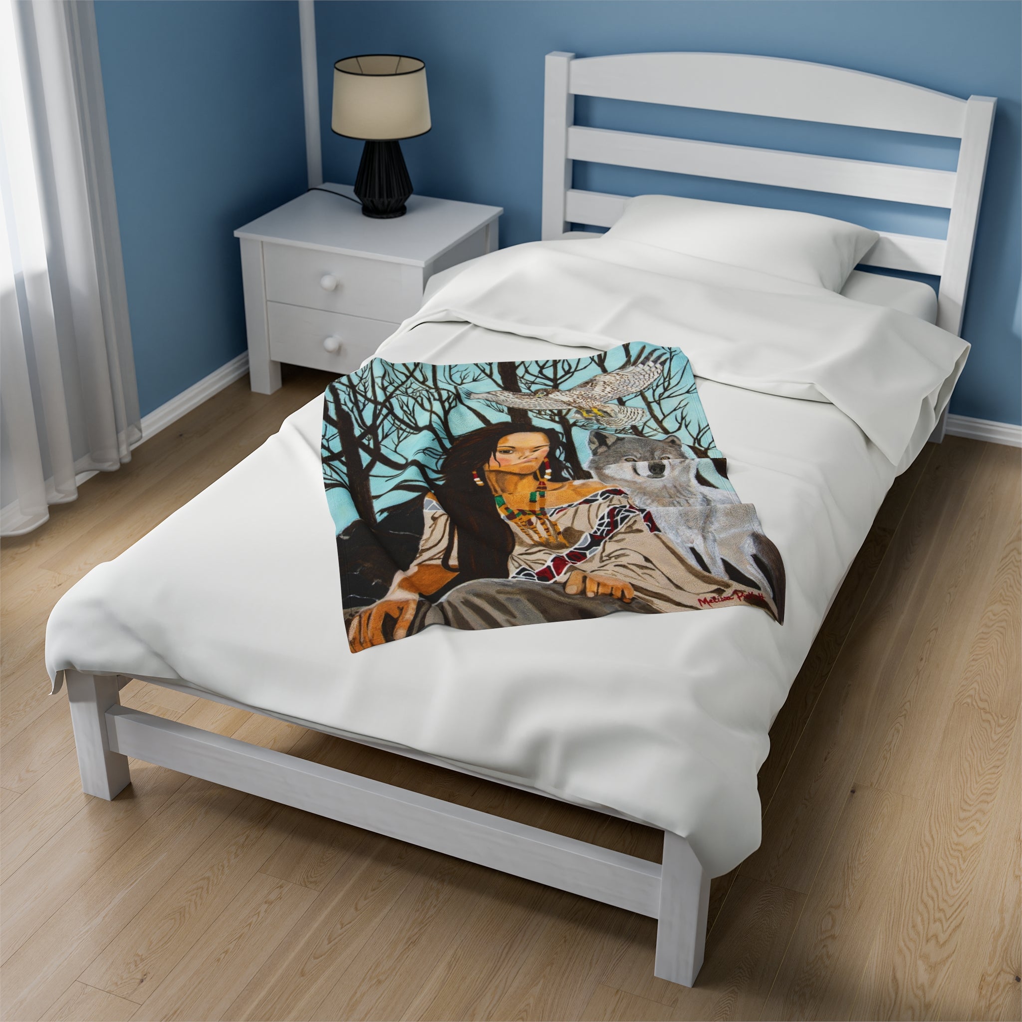 Native American Girl, Wolf, & Hawk | Velveteen Plush Blanket