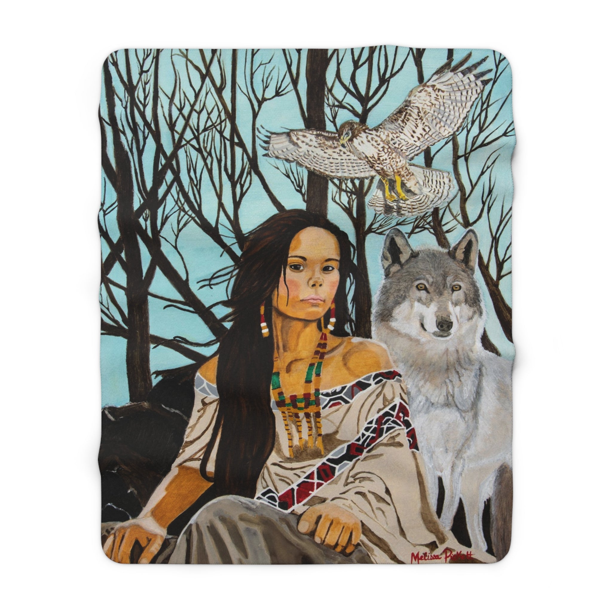 Native American Girl, Wolf, & Hawk | Sherpa Fleece Blanket