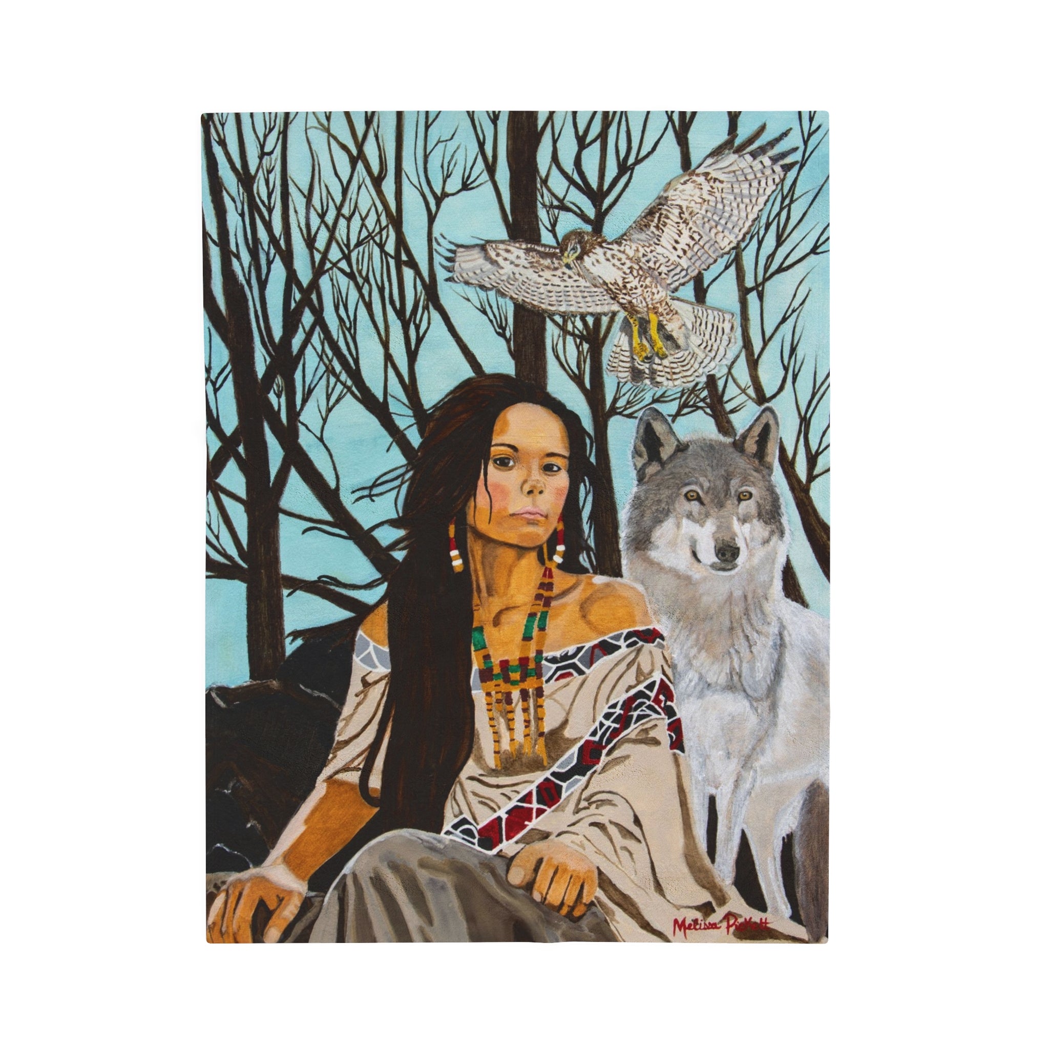 Native American Girl, Wolf, & Hawk | Velveteen Plush Blanket