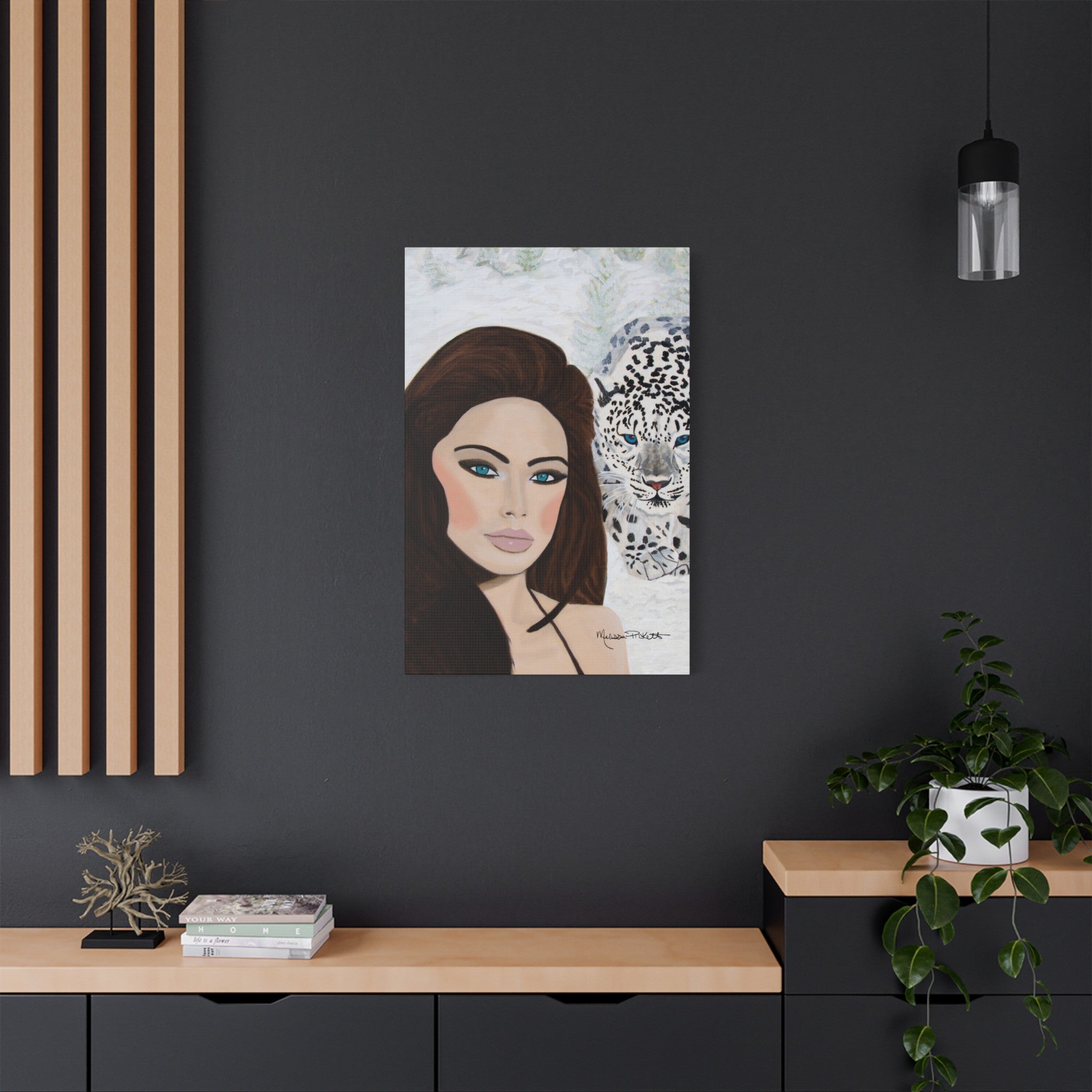Woman & Snow Leopard | Satin Canvas, Stretched