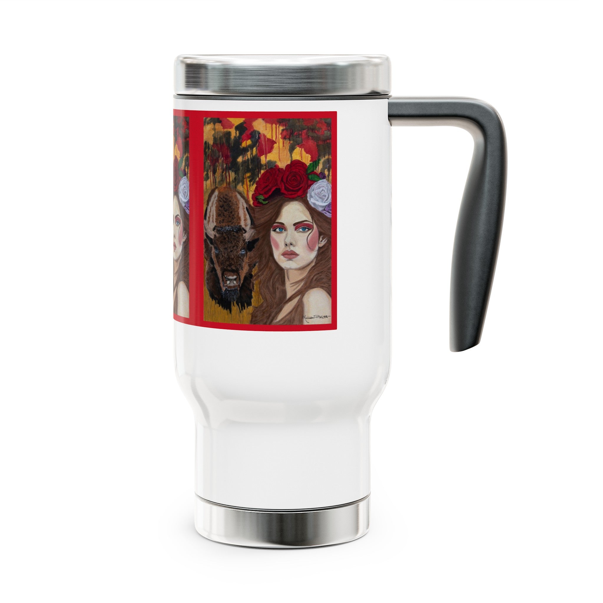 Woman & Bison | Stainless Steel Travel Mug with Handle, 14oz