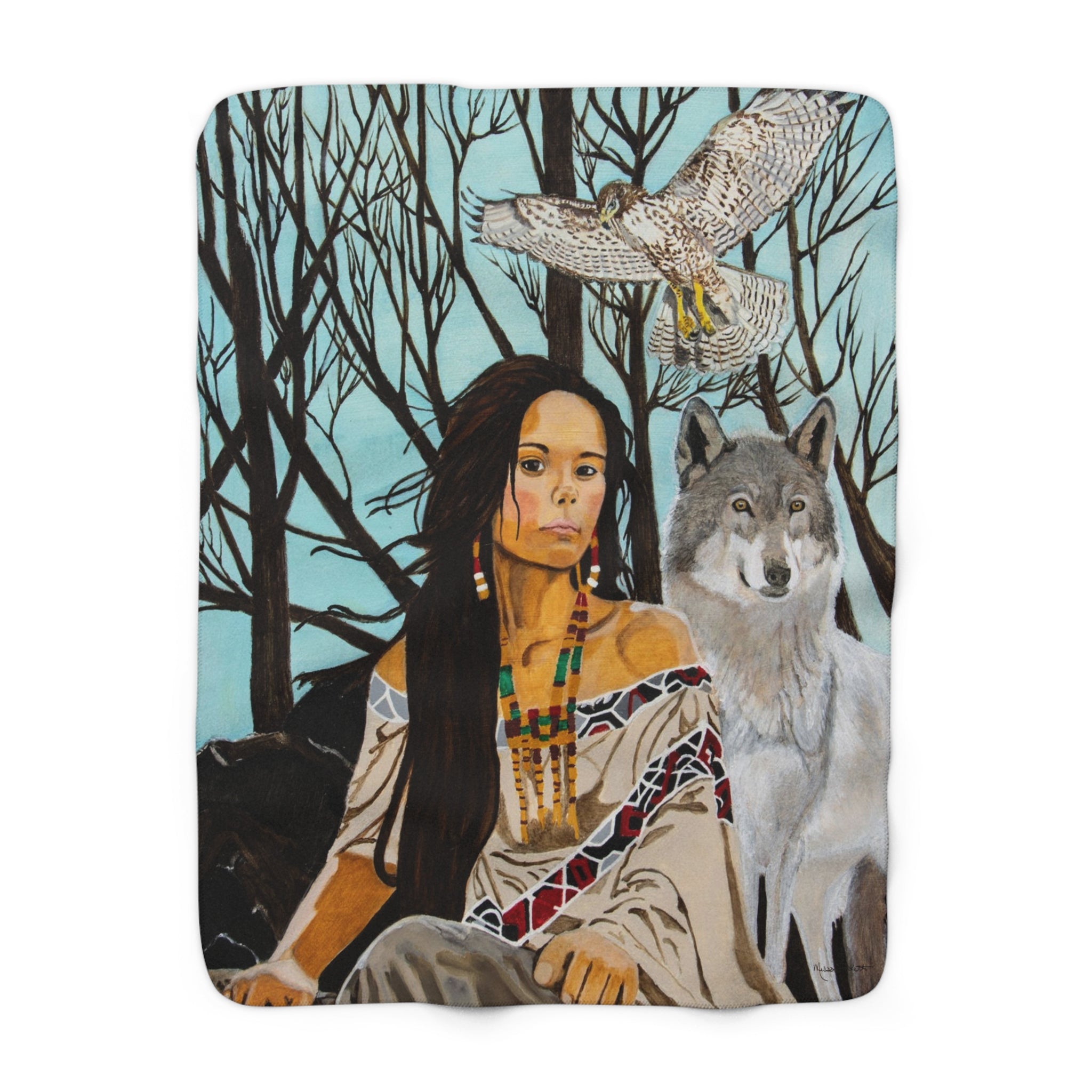Native American Girl, Wolf, & Hawk | Sherpa Fleece Blanket