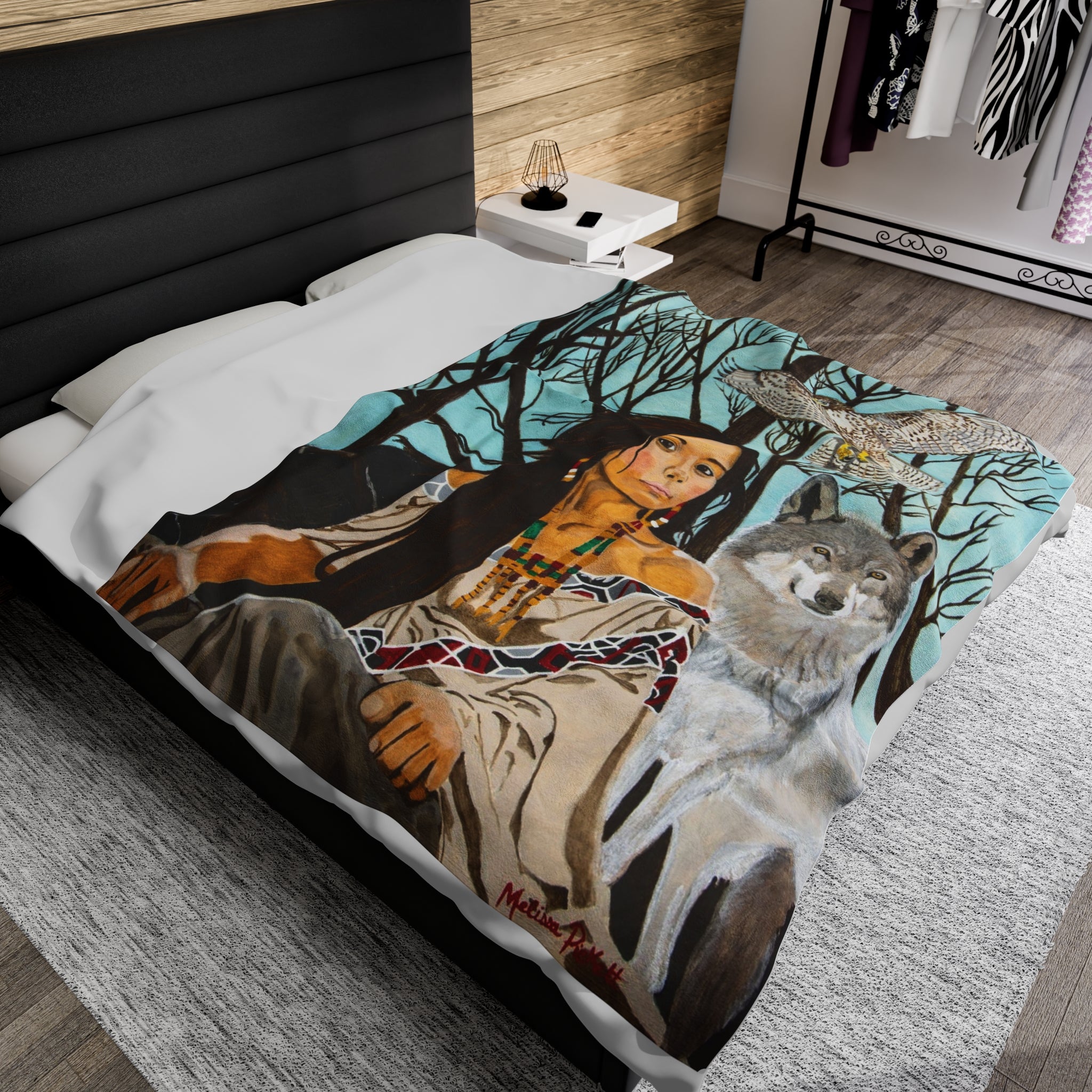 Native American Girl, Wolf, & Hawk | Velveteen Plush Blanket