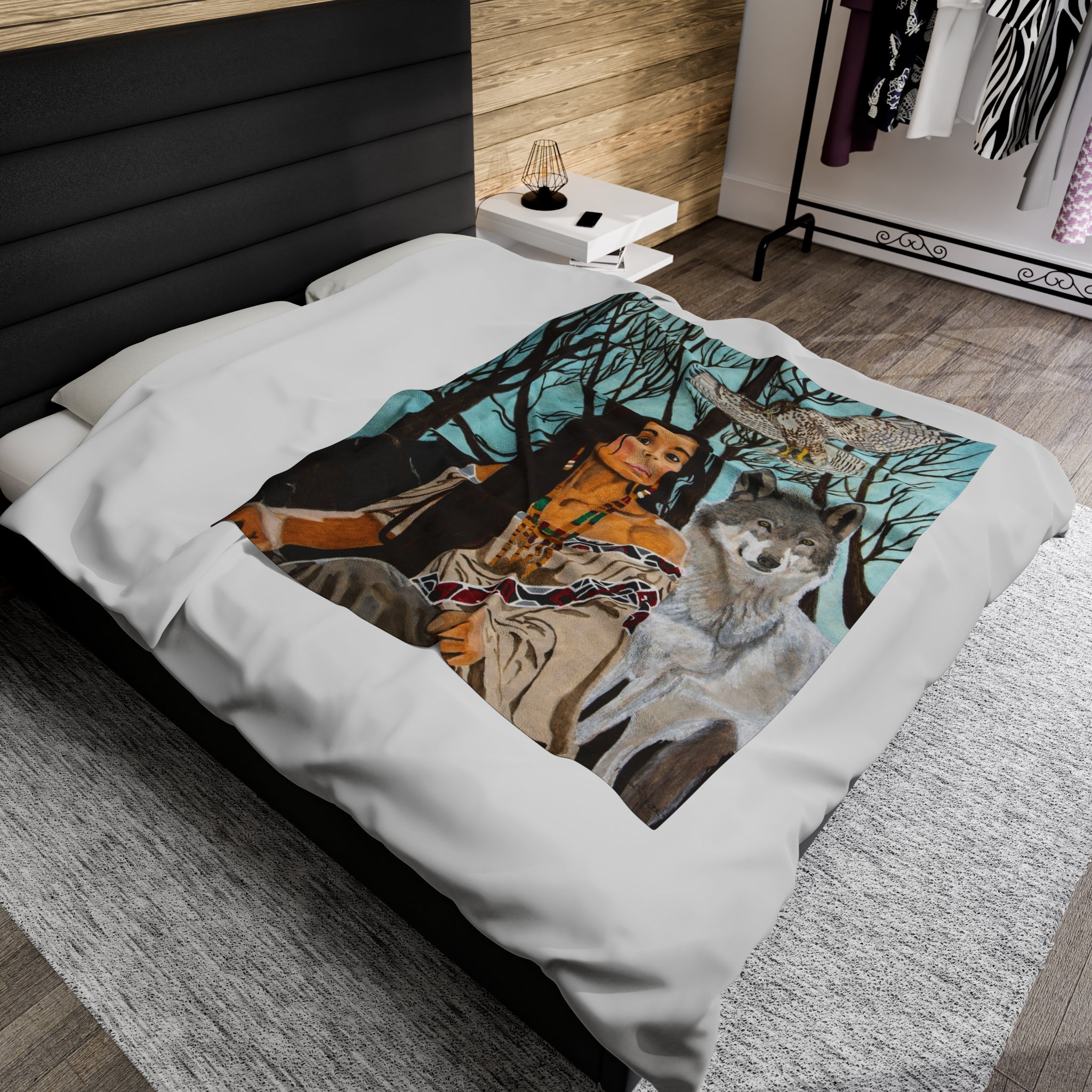 Native American Girl, Wolf, & Hawk | Velveteen Plush Blanket
