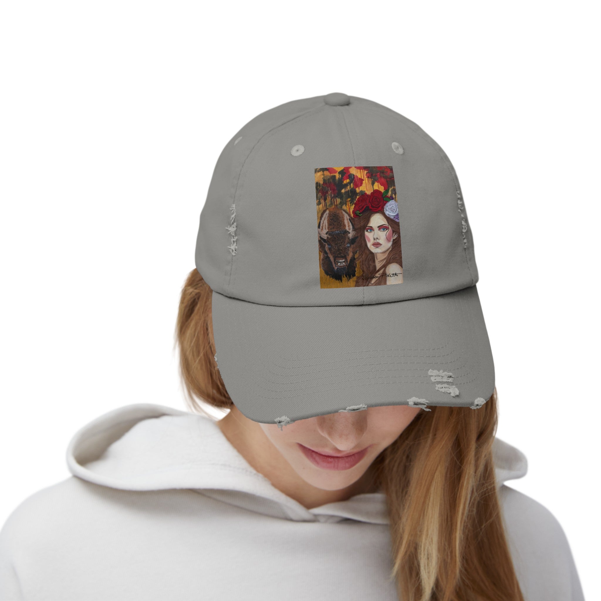 Woman & Bison | Unisex Distressed Cap