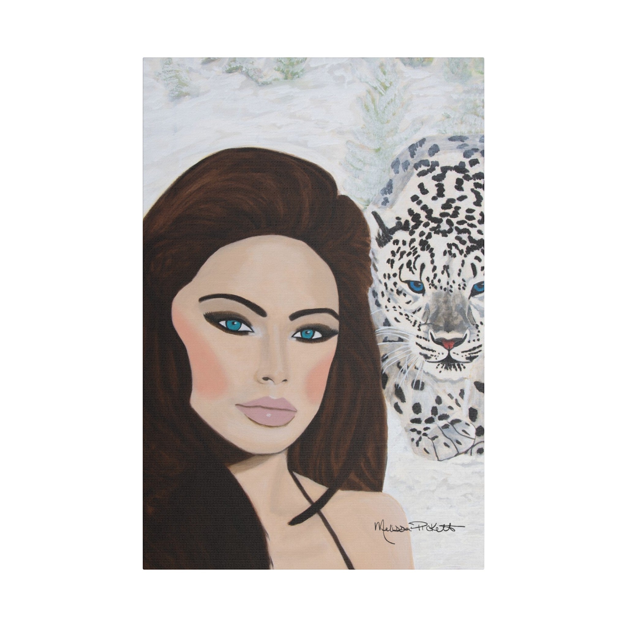 Woman & Snow Leopard | Satin Canvas, Stretched