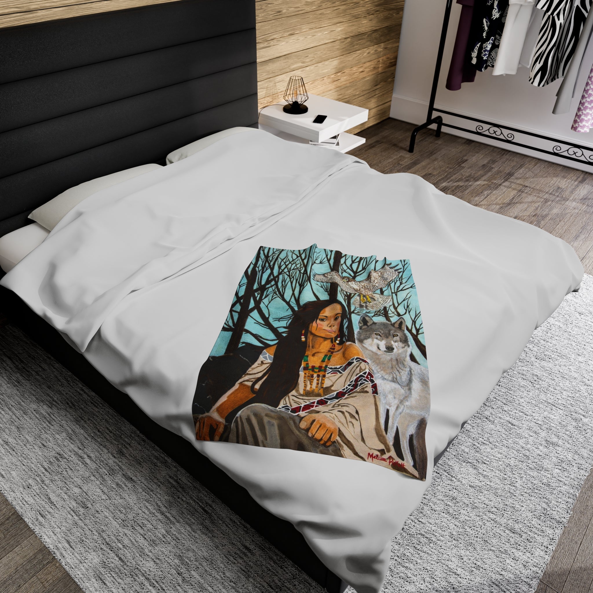 Native American Girl, Wolf, & Hawk | Velveteen Plush Blanket