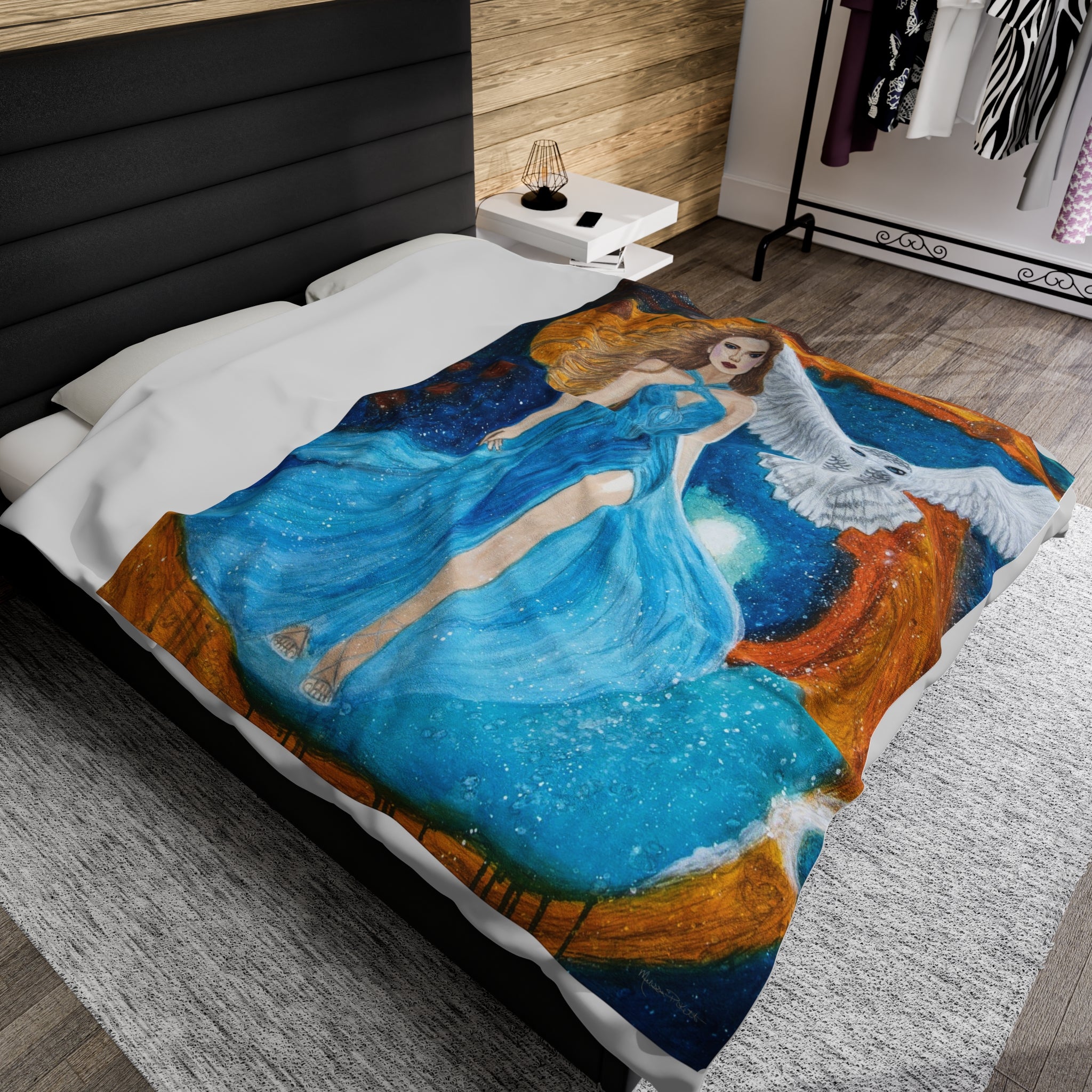 Galaxy Girl with Owl | Velveteen Plush Blanket