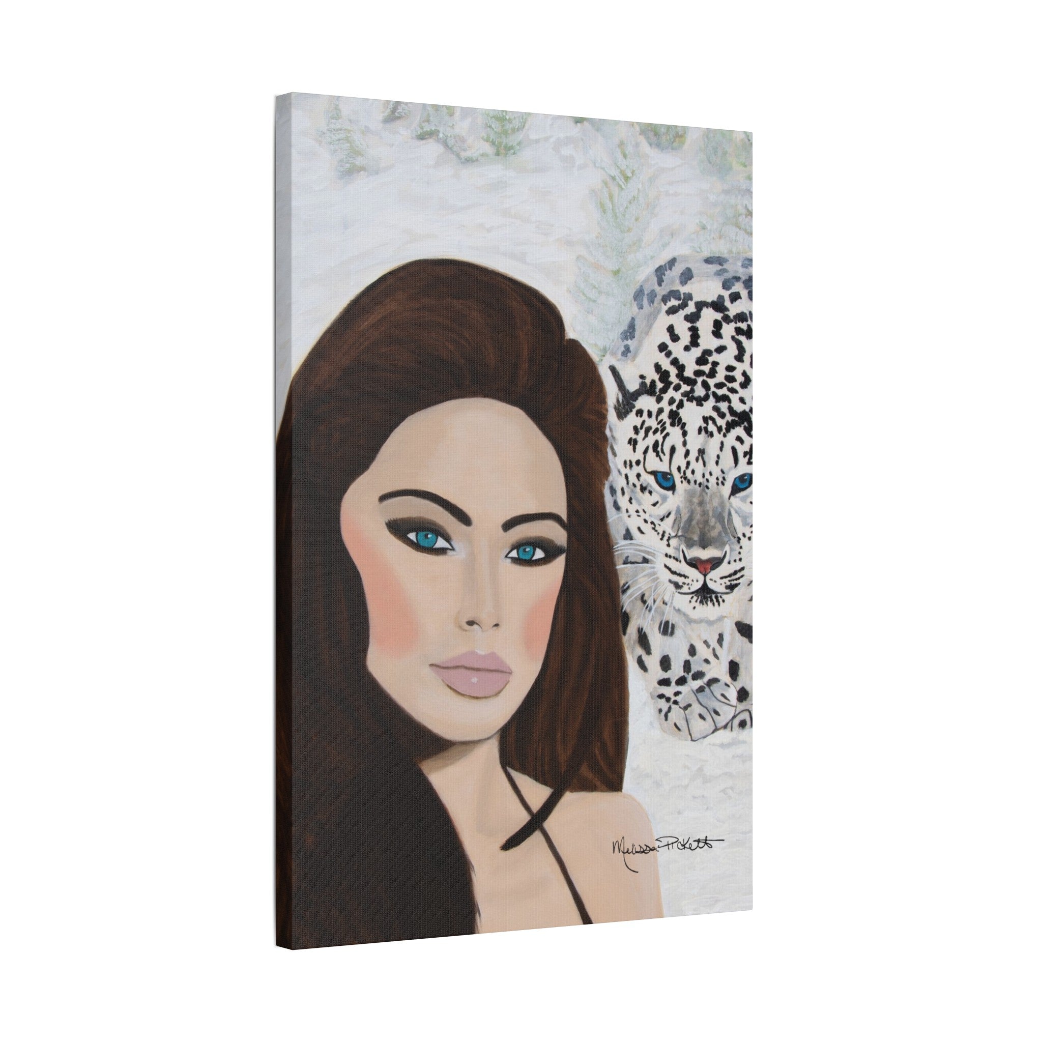 Woman & Snow Leopard | Satin Canvas, Stretched