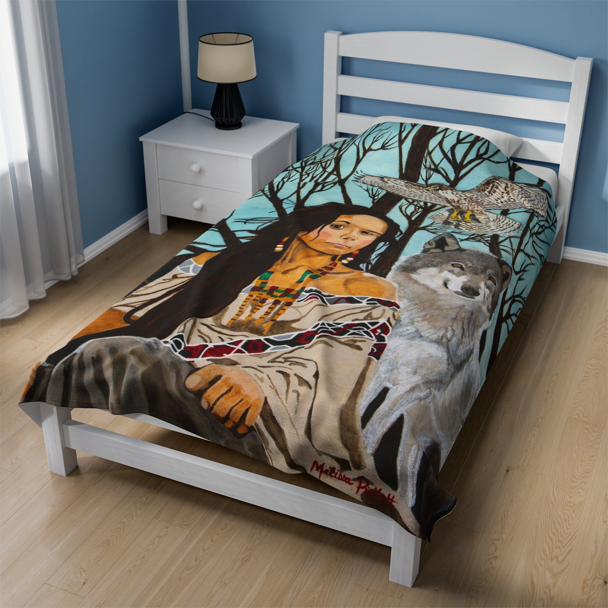 Native American Girl, Wolf, & Hawk | Velveteen Plush Blanket