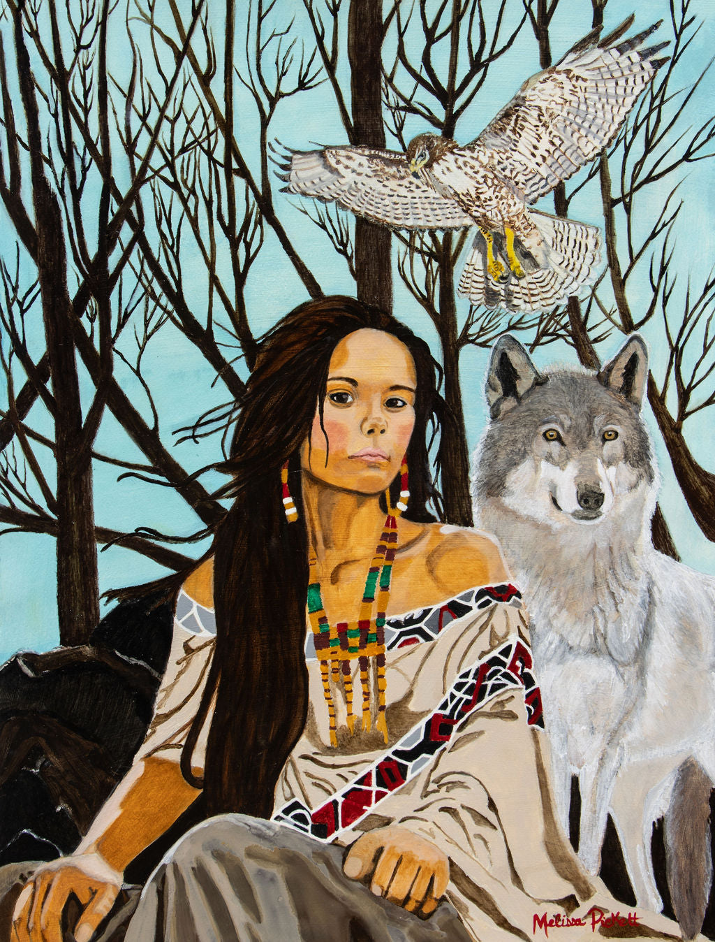 Native American Girl, Wolf & Hawk