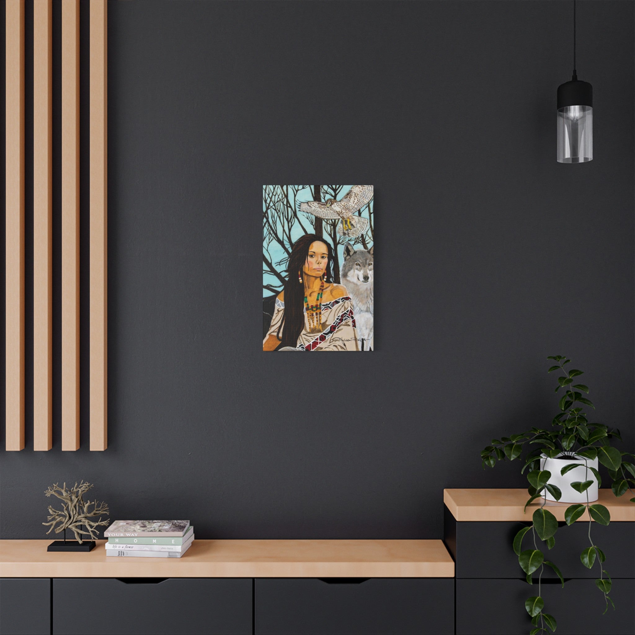 Native American Girl, Wolf, & Hawk | Satin Canvas, Stretched