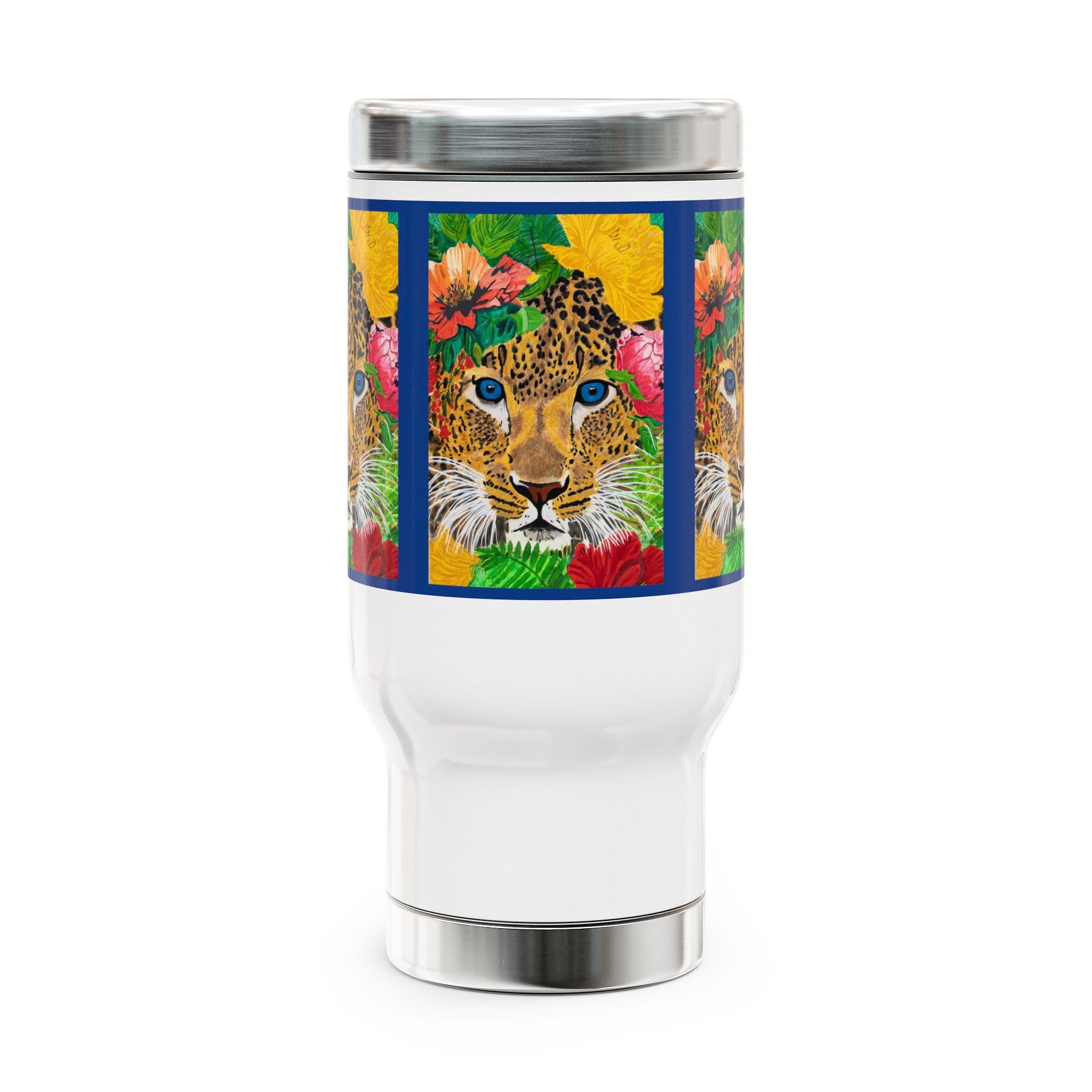 Jaguar & Flowers | Stainless Steel Travel Mug with Handle, 14oz