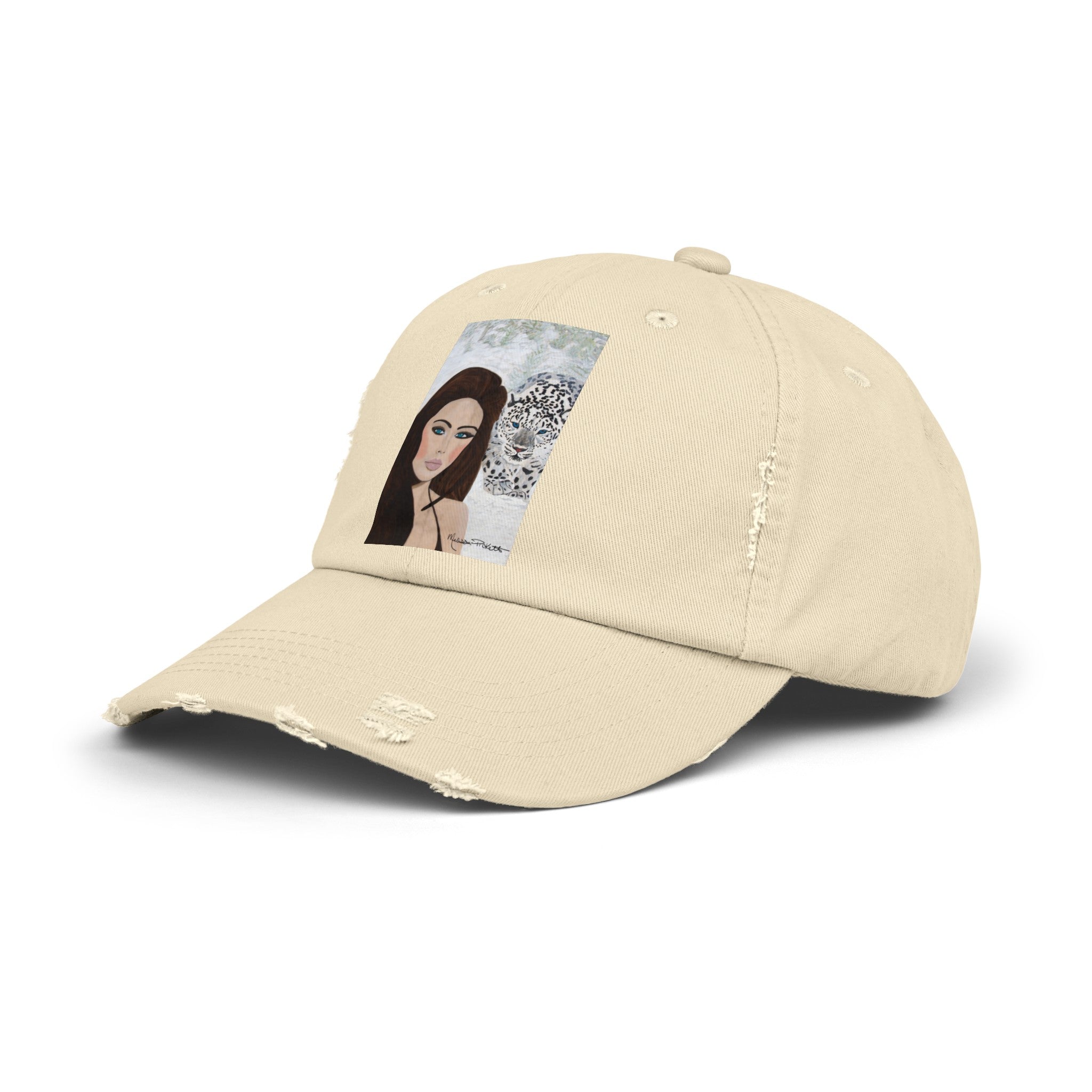 Woman & Snow Leopard | Unisex Distressed Cap