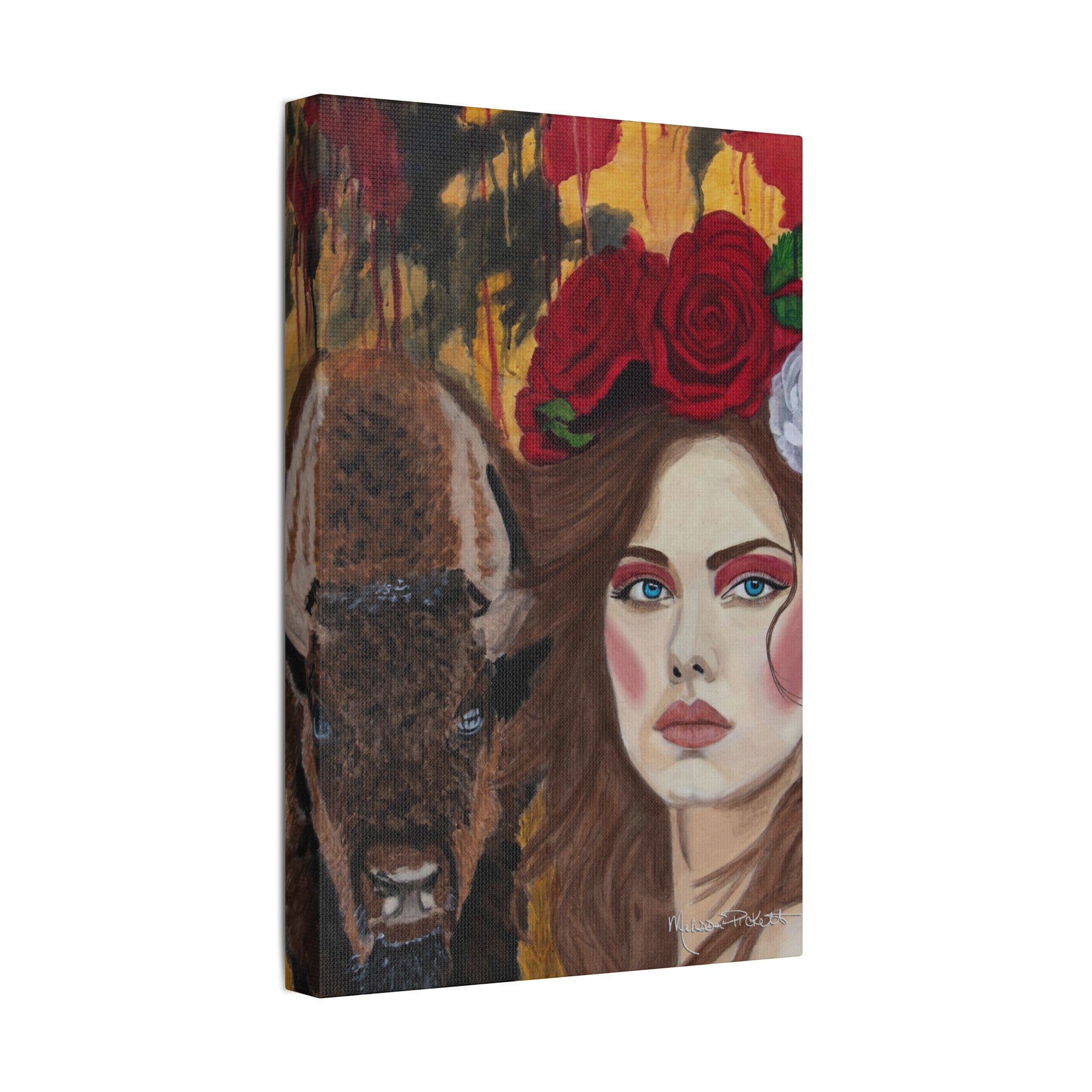 Woman & Bison | Satin Canvas, Stretched