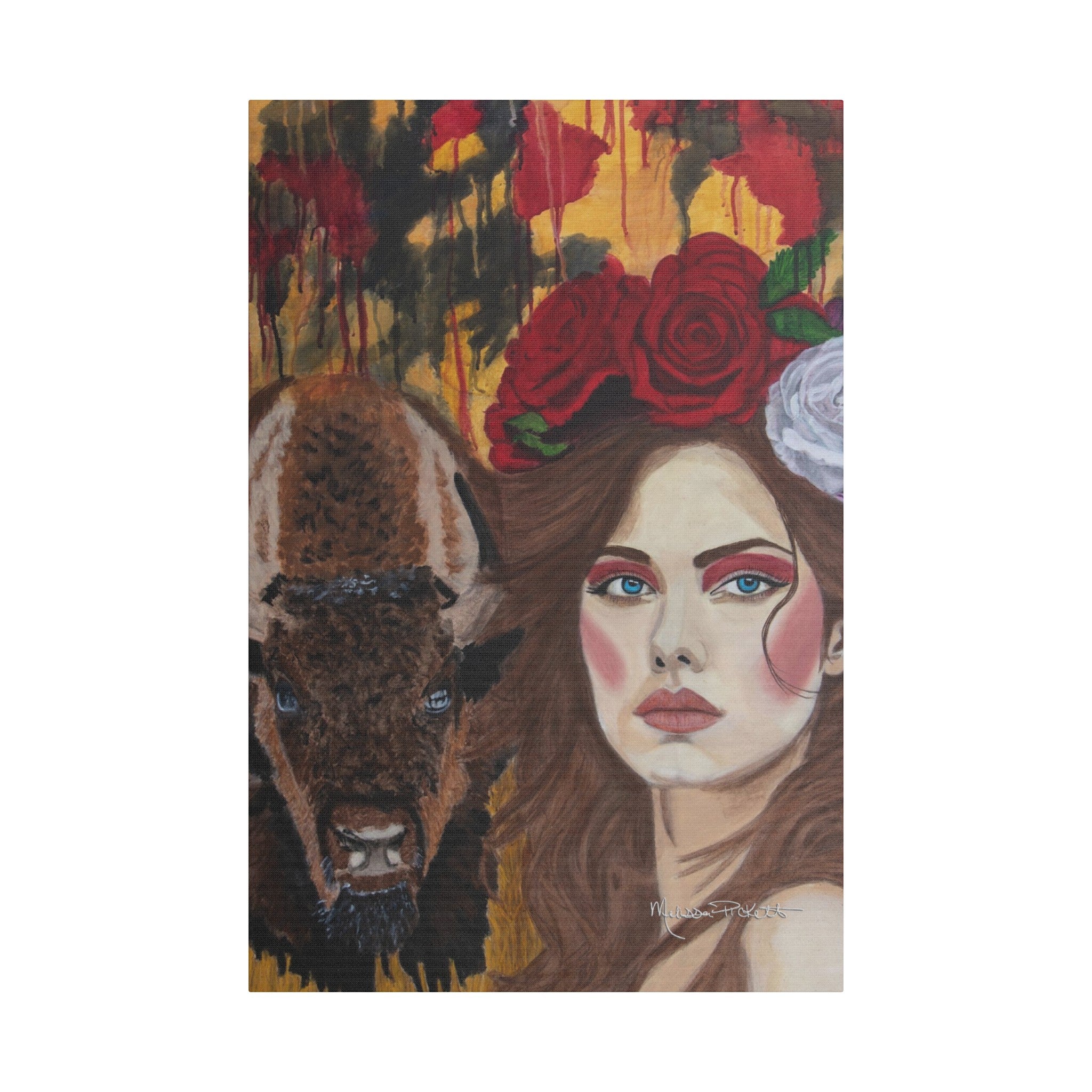 Woman & Bison | Satin Canvas, Stretched