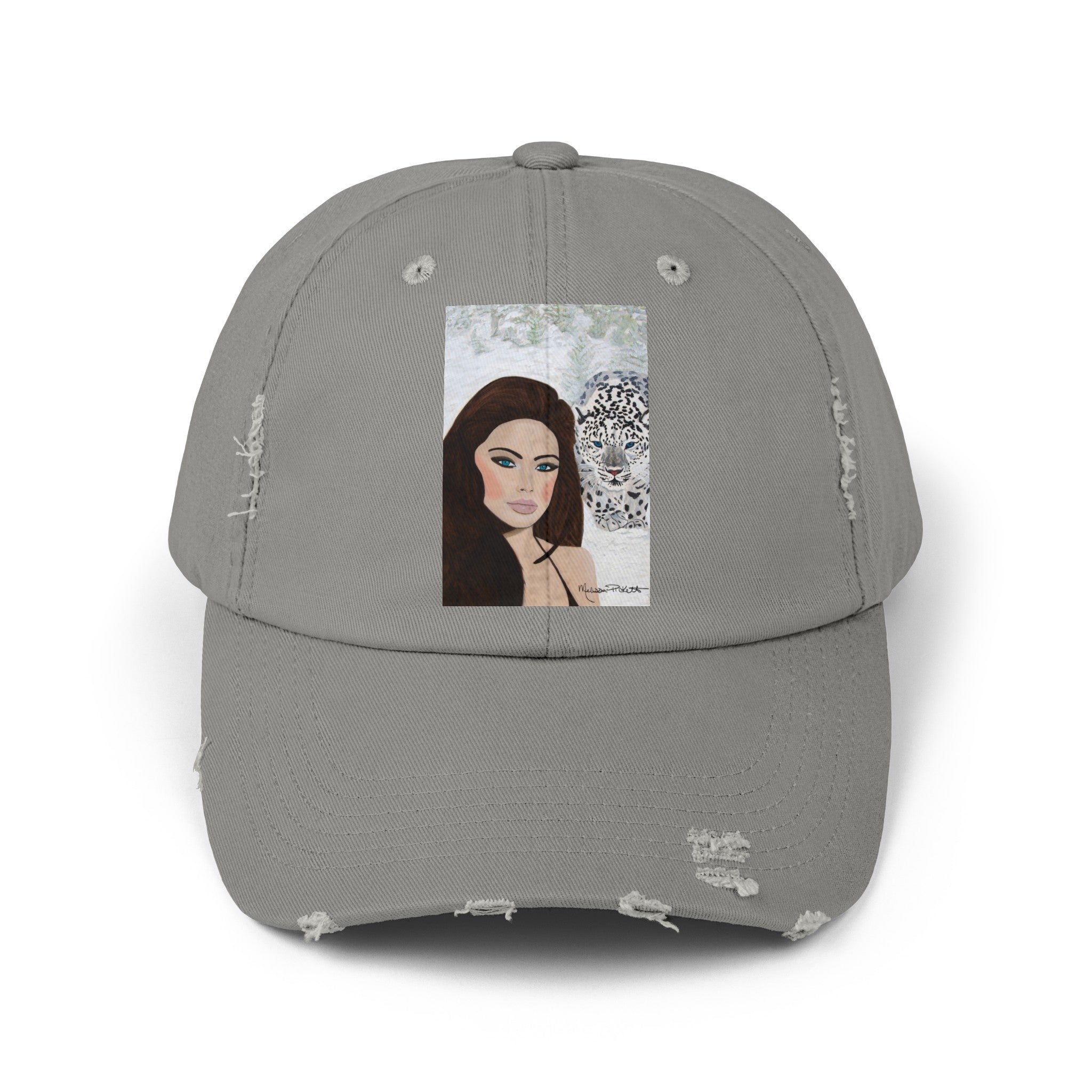 Woman & Snow Leopard | Unisex Distressed Cap