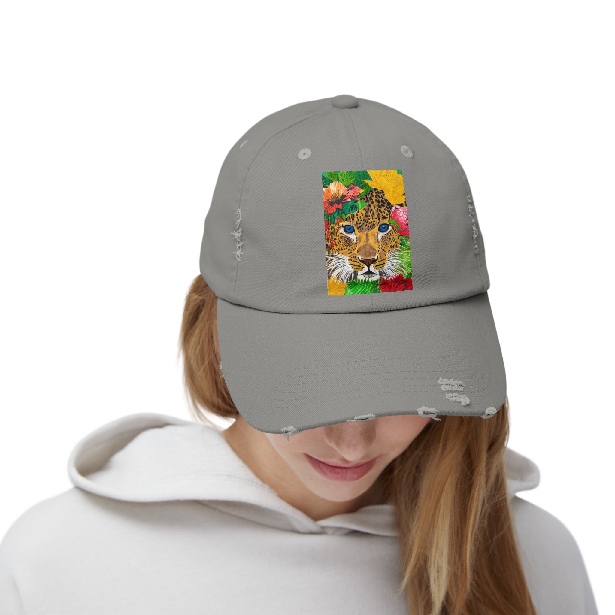 Jaguar & Flowers | Unisex Distressed Cap