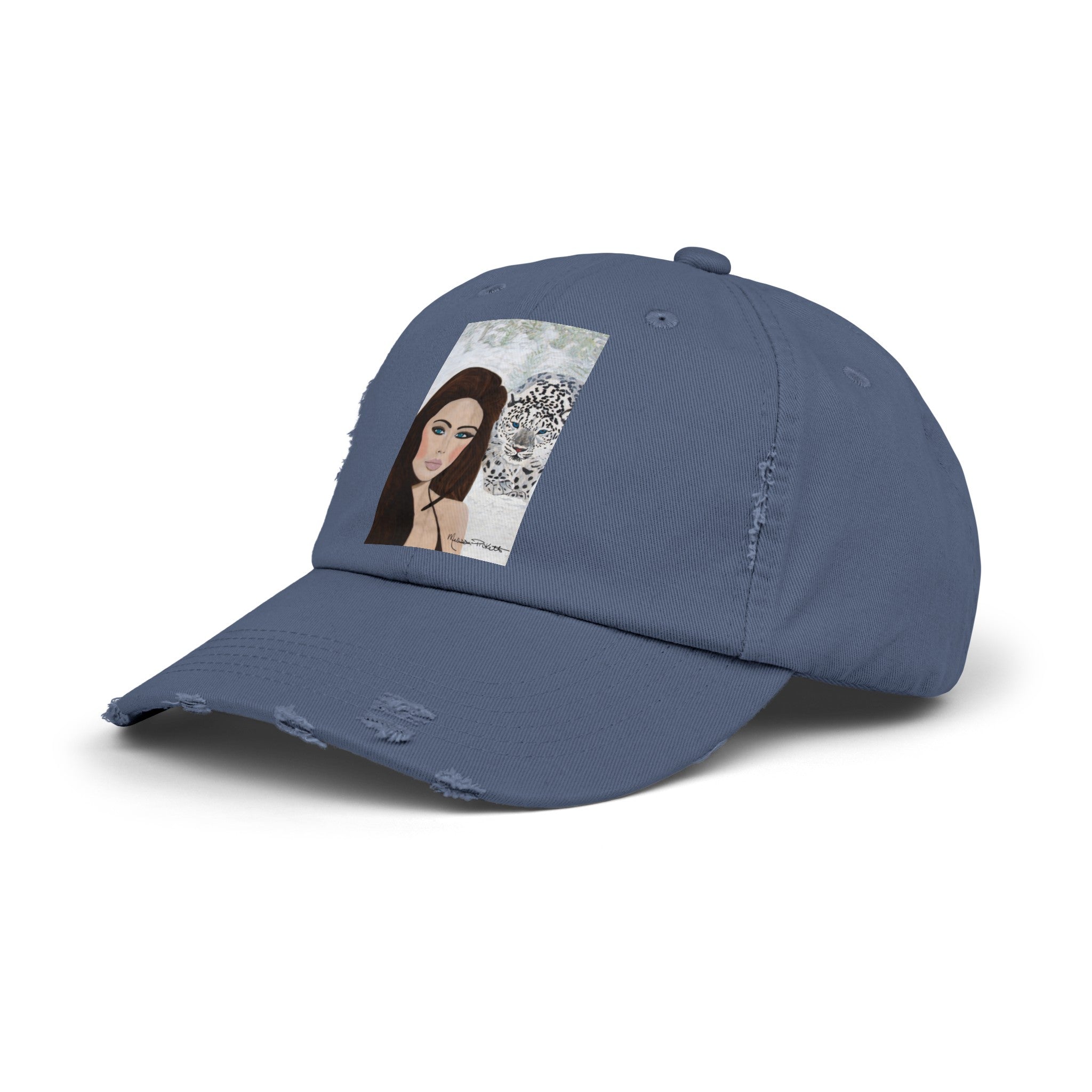 Woman & Snow Leopard | Unisex Distressed Cap