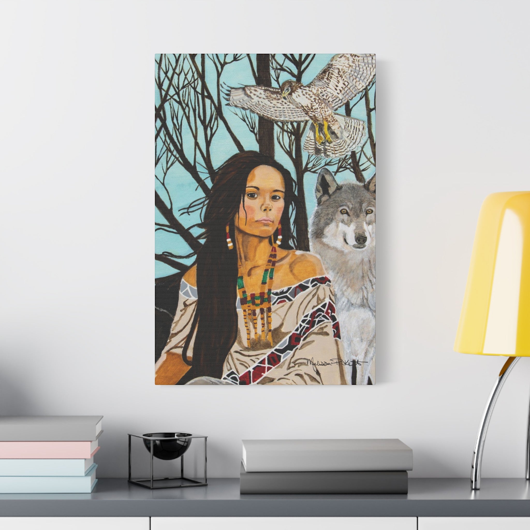 Native American Girl, Wolf, & Hawk | Satin Canvas, Stretched