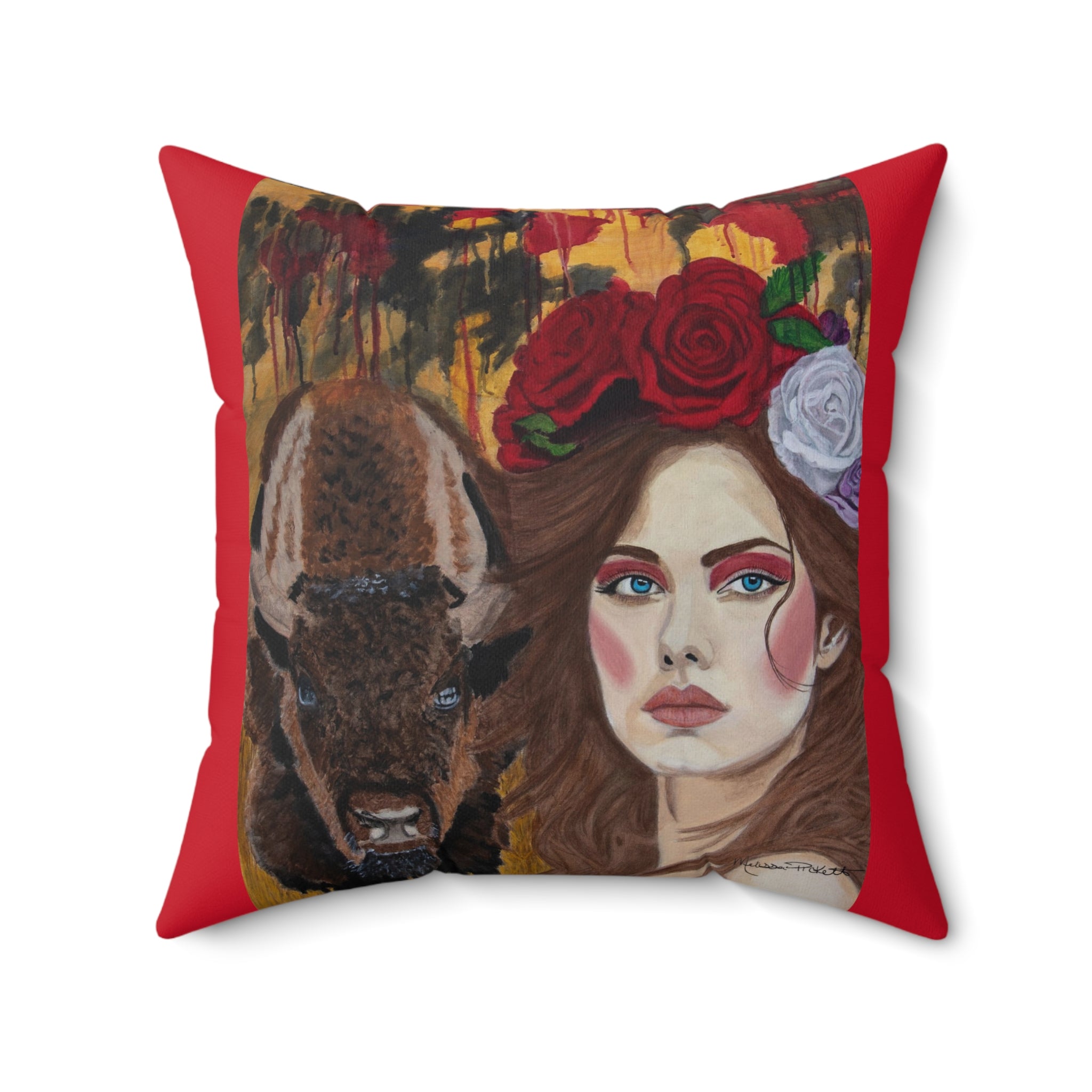 Woman & Bison | Spun Polyester Square Pillow