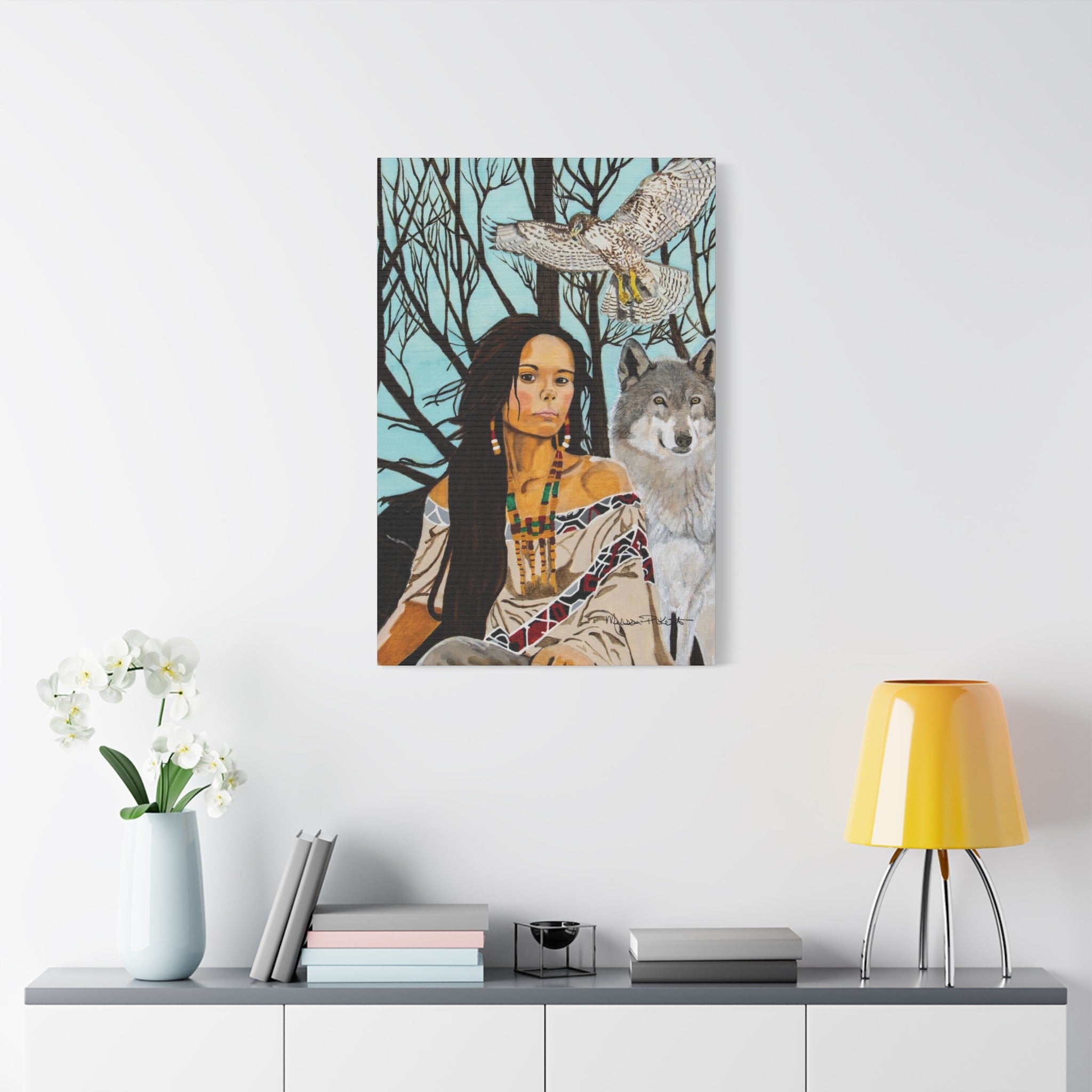 Native American Girl, Wolf, & Hawk | Satin Canvas, Stretched