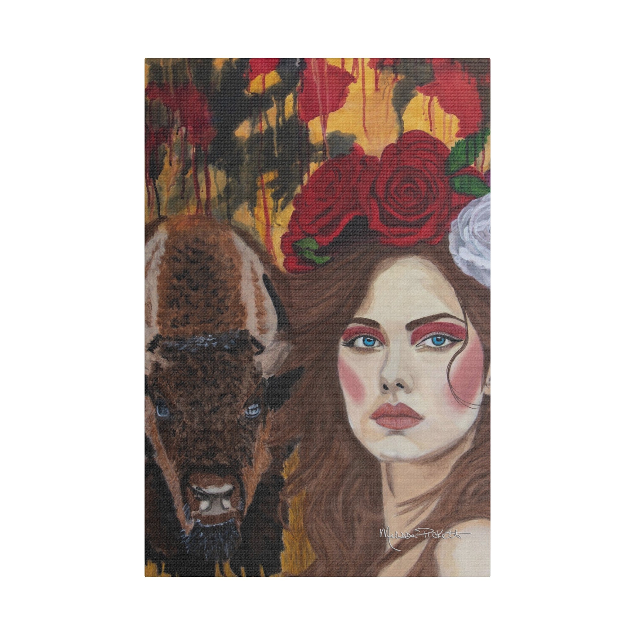 Woman & Bison | Satin Canvas, Stretched