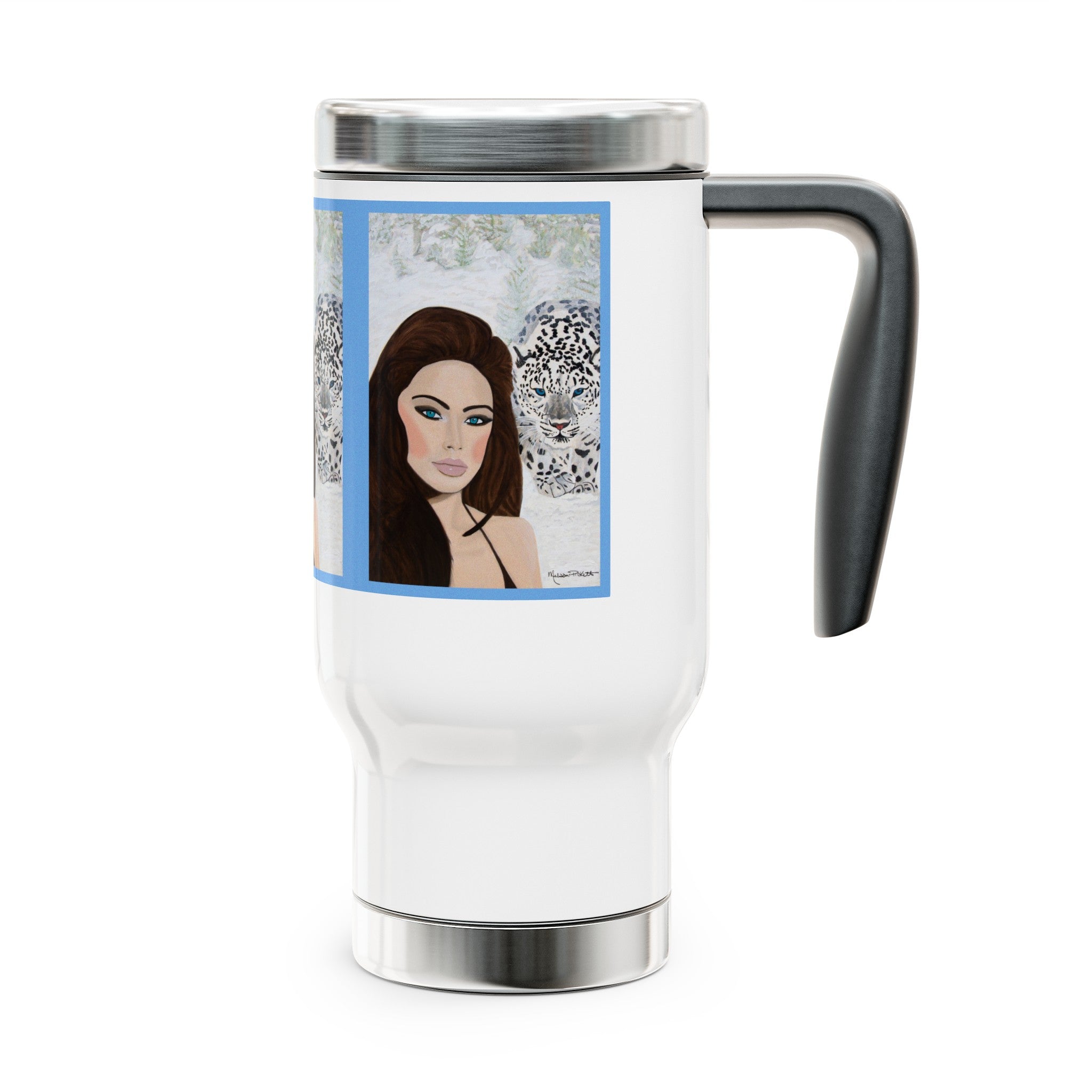 Woman & Snow Leopard | Stainless Steel Travel Mug with Handle, 14oz