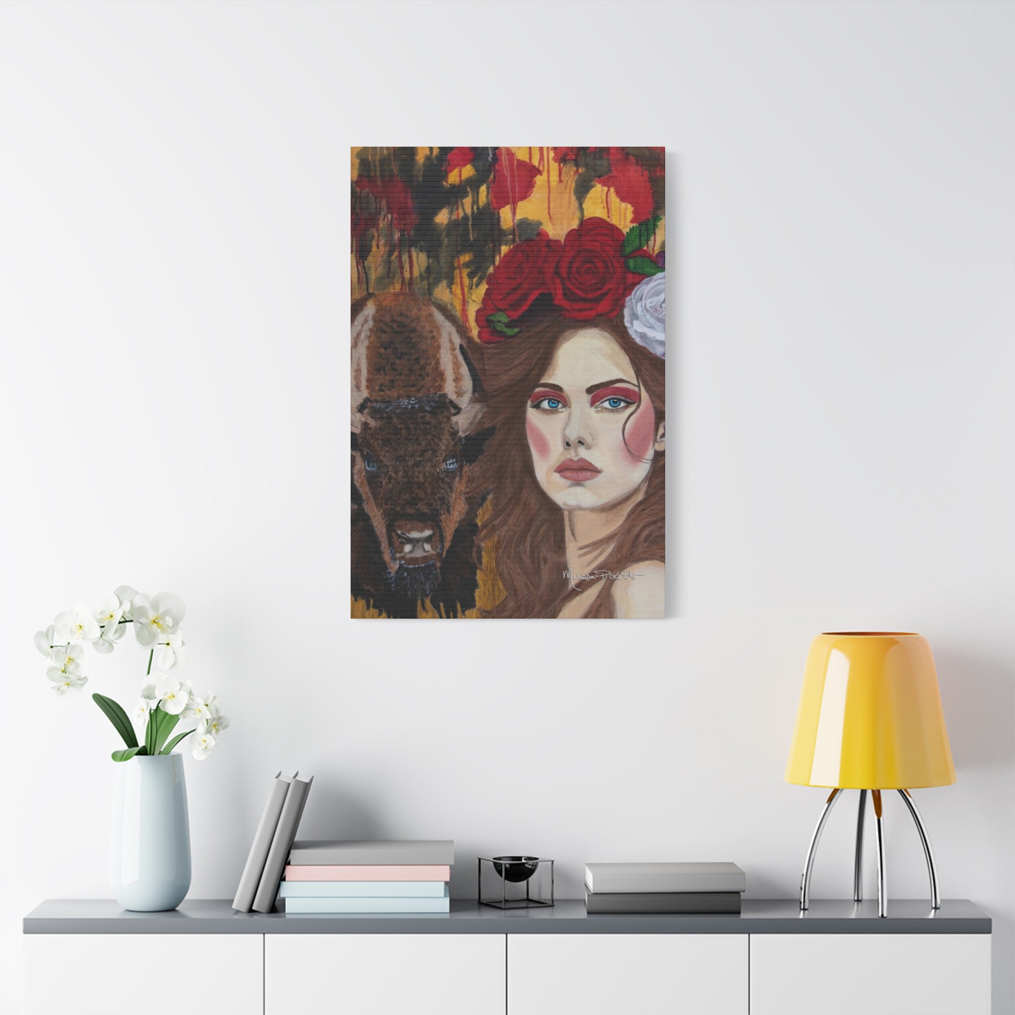 Woman & Bison | Satin Canvas, Stretched