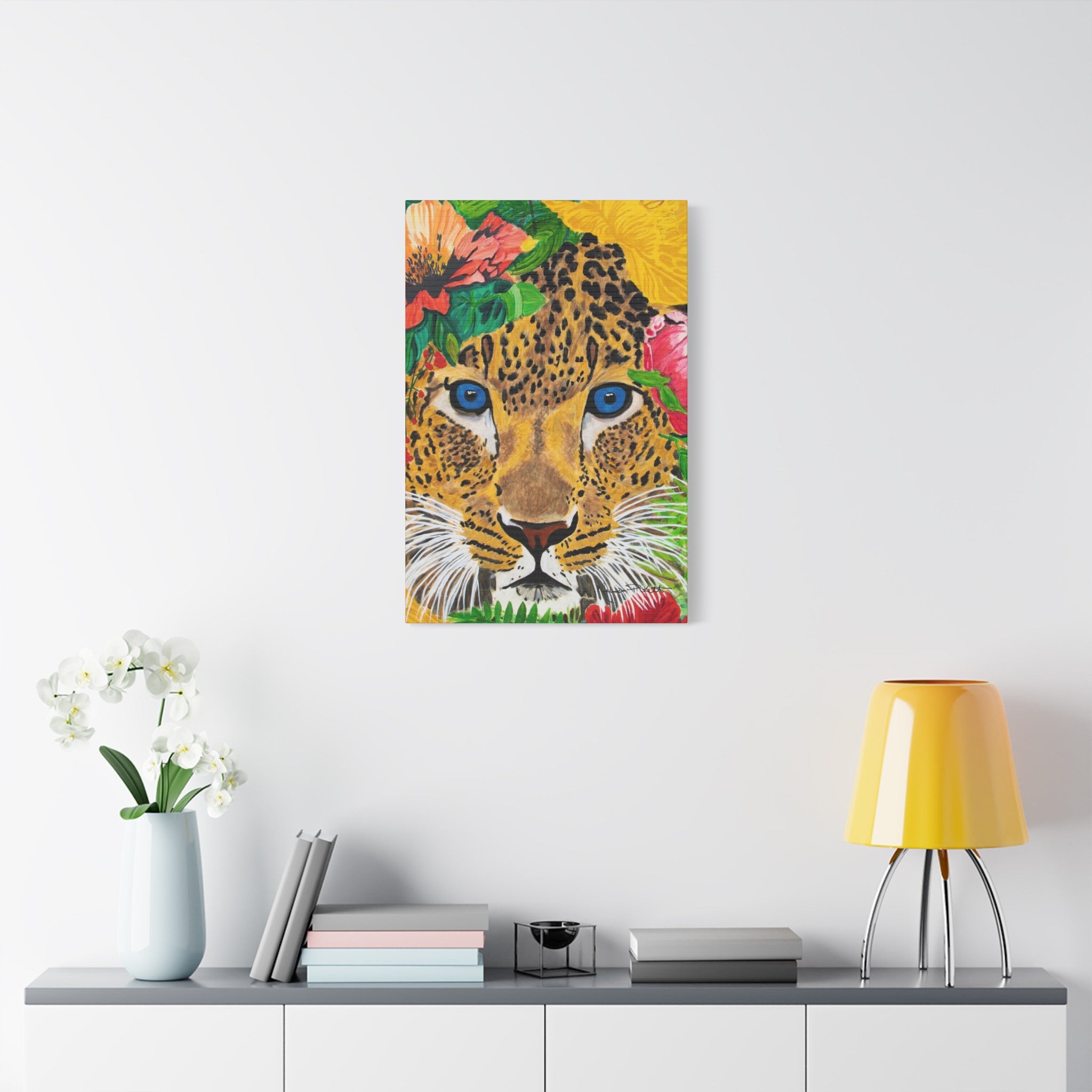 Jaguar & Flowers | Satin Canvas, Stretched