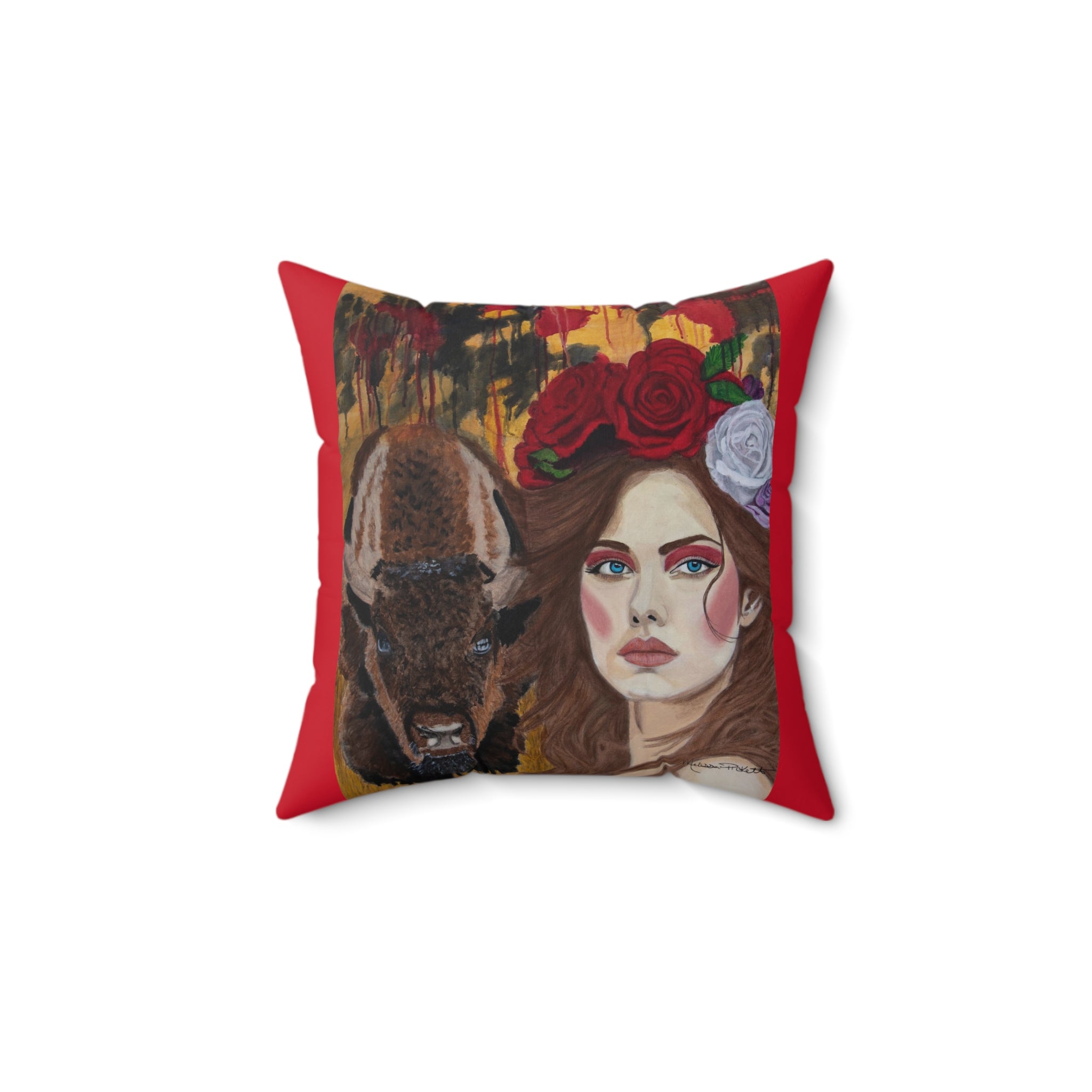 Woman & Bison | Spun Polyester Square Pillow