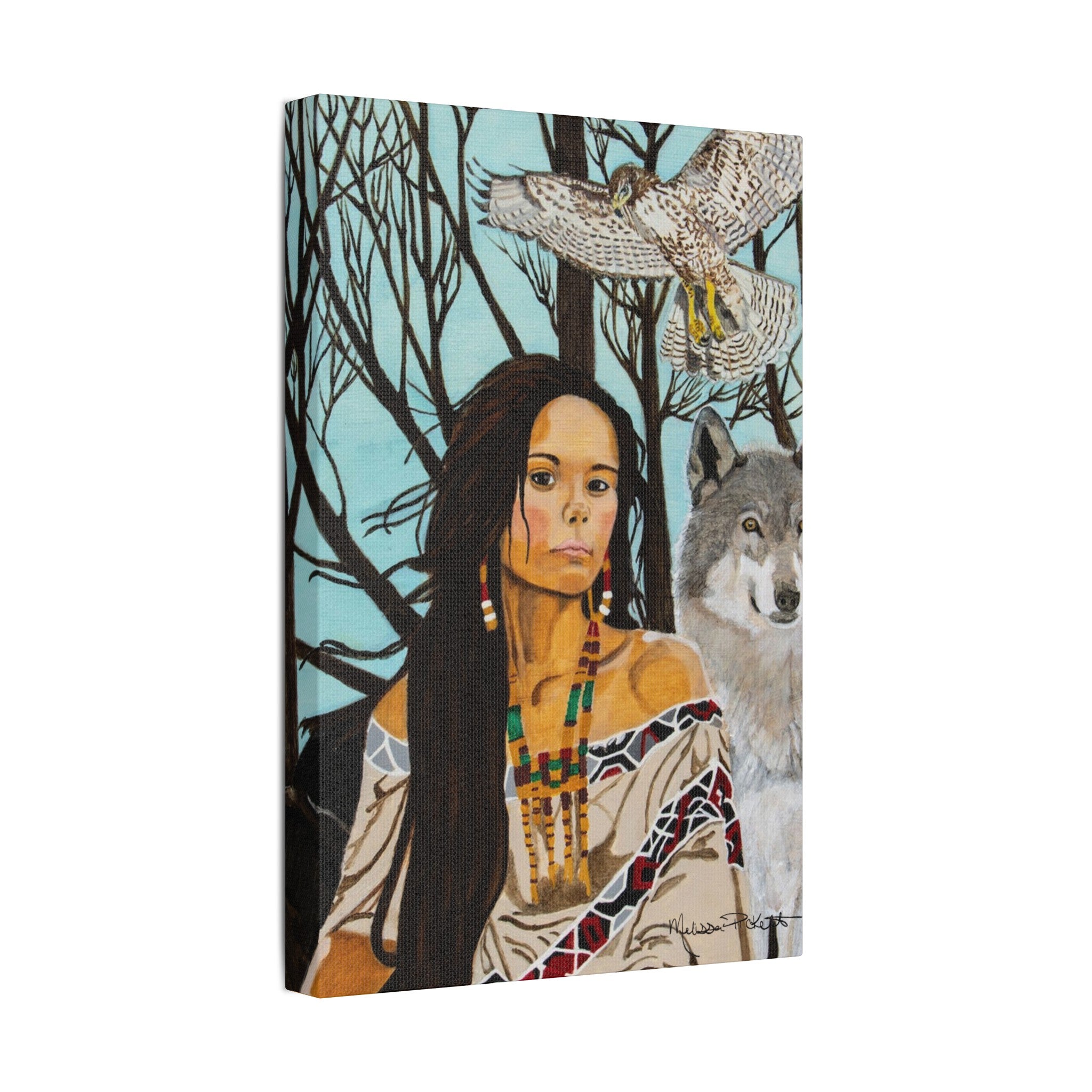 Native American Girl, Wolf, & Hawk | Satin Canvas, Stretched