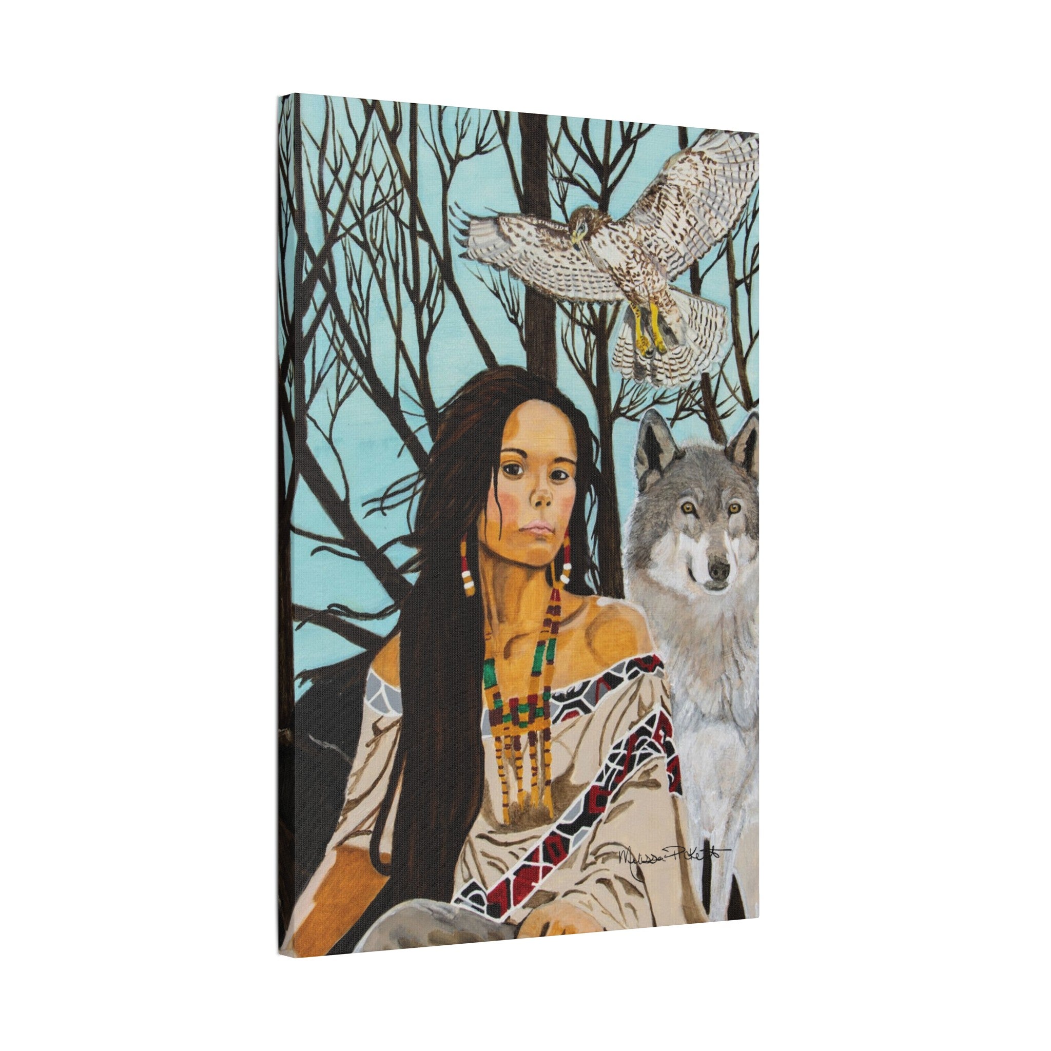 Native American Girl, Wolf, & Hawk | Satin Canvas, Stretched