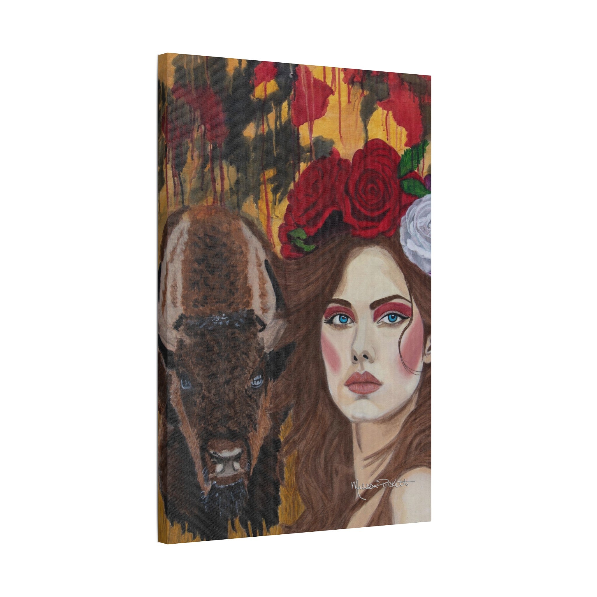 Woman & Bison | Satin Canvas, Stretched