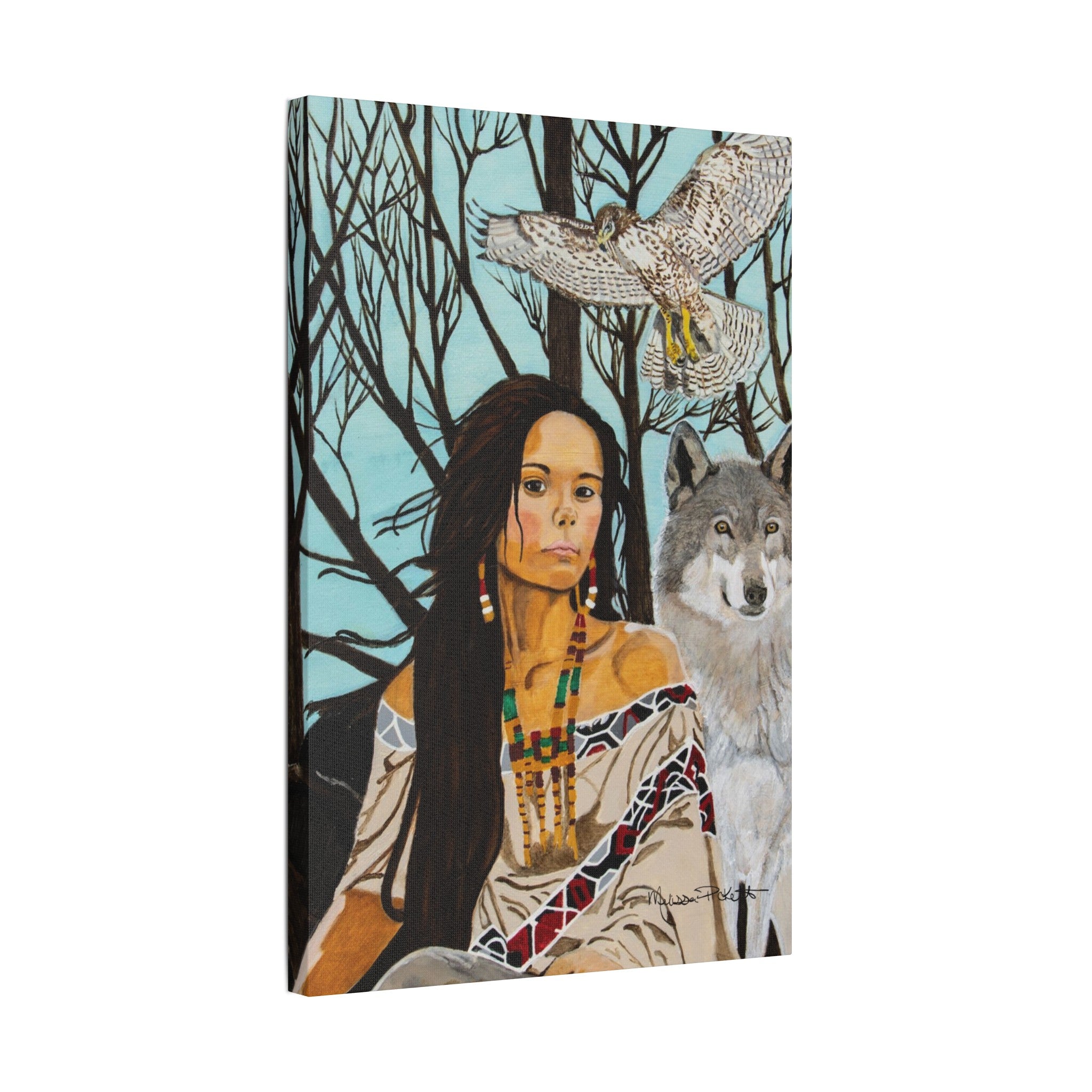 Native American Girl, Wolf, & Hawk | Satin Canvas, Stretched