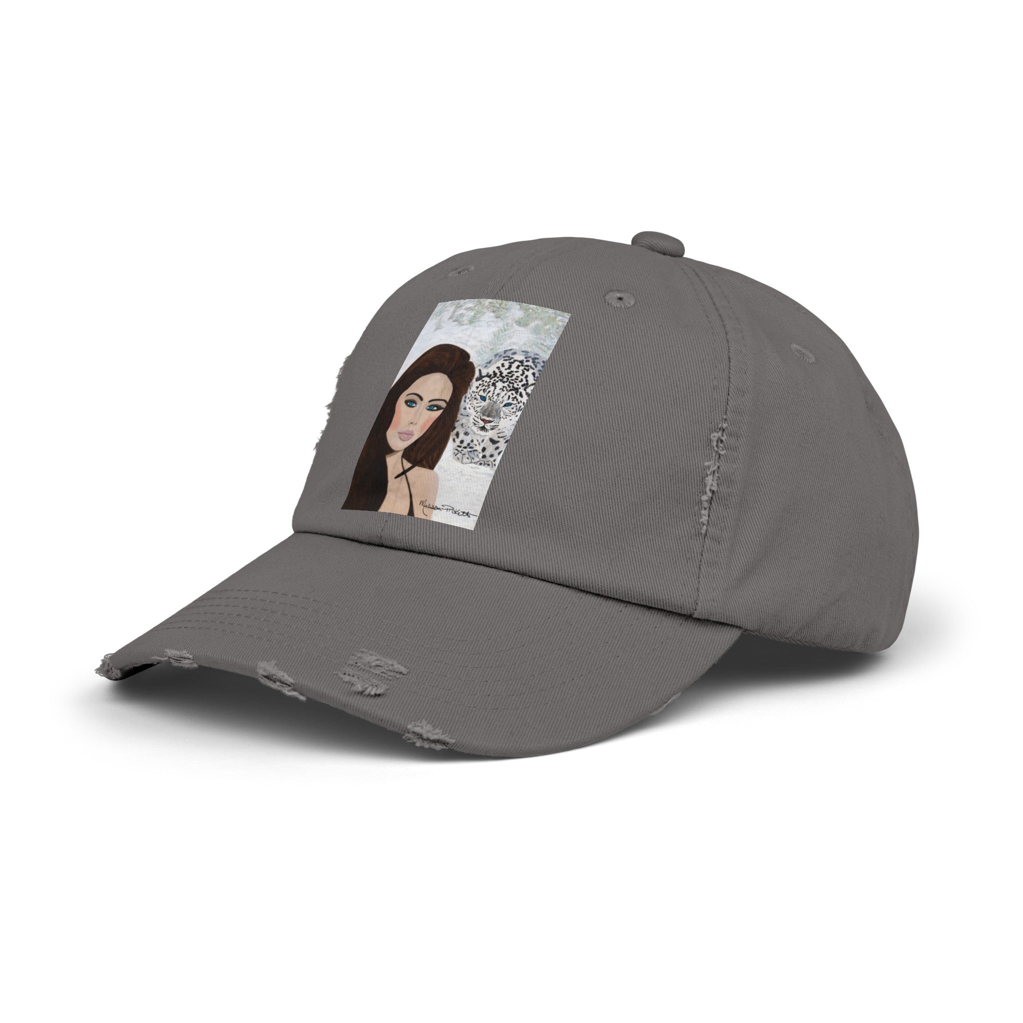 Woman & Snow Leopard | Unisex Distressed Cap