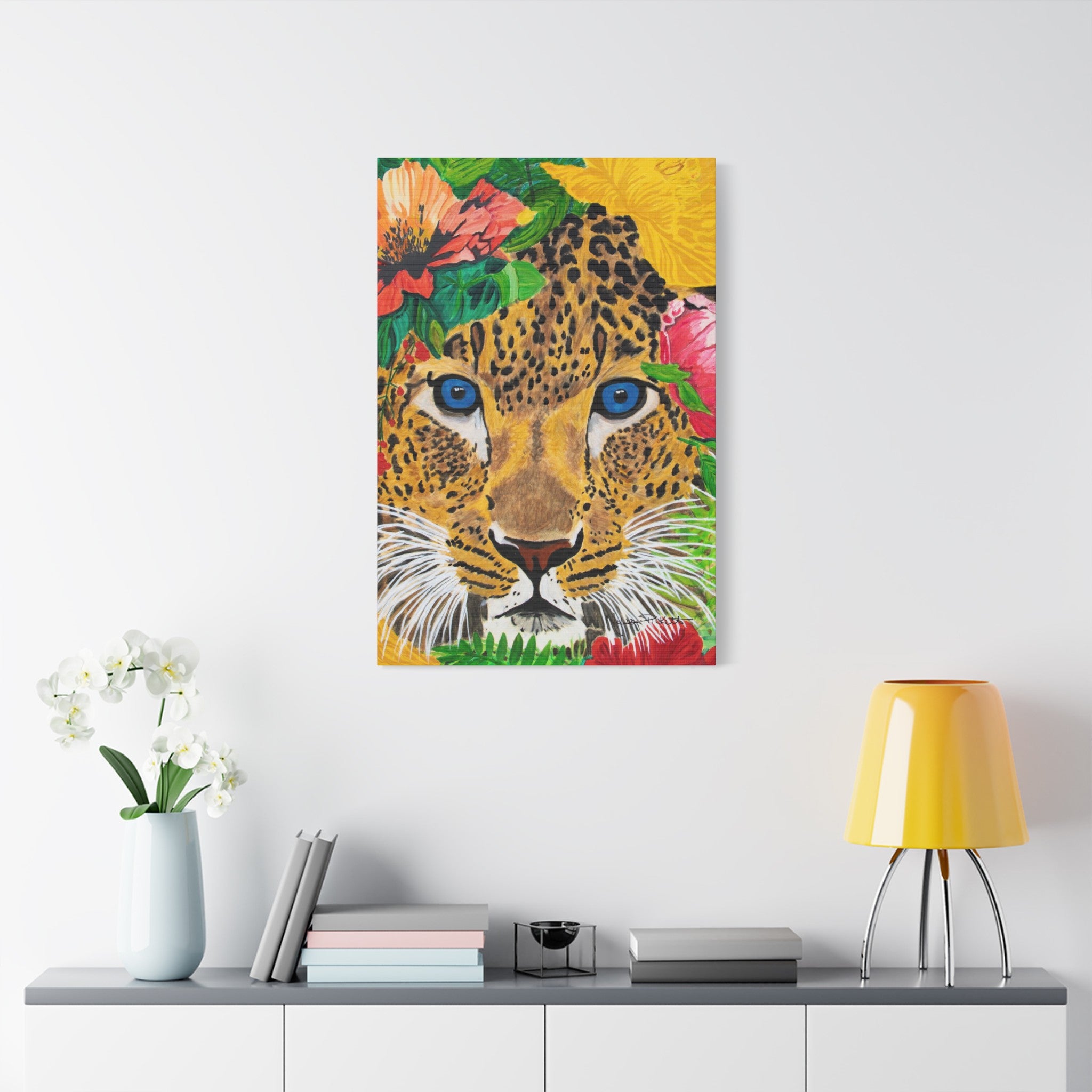 Jaguar & Flowers | Satin Canvas, Stretched