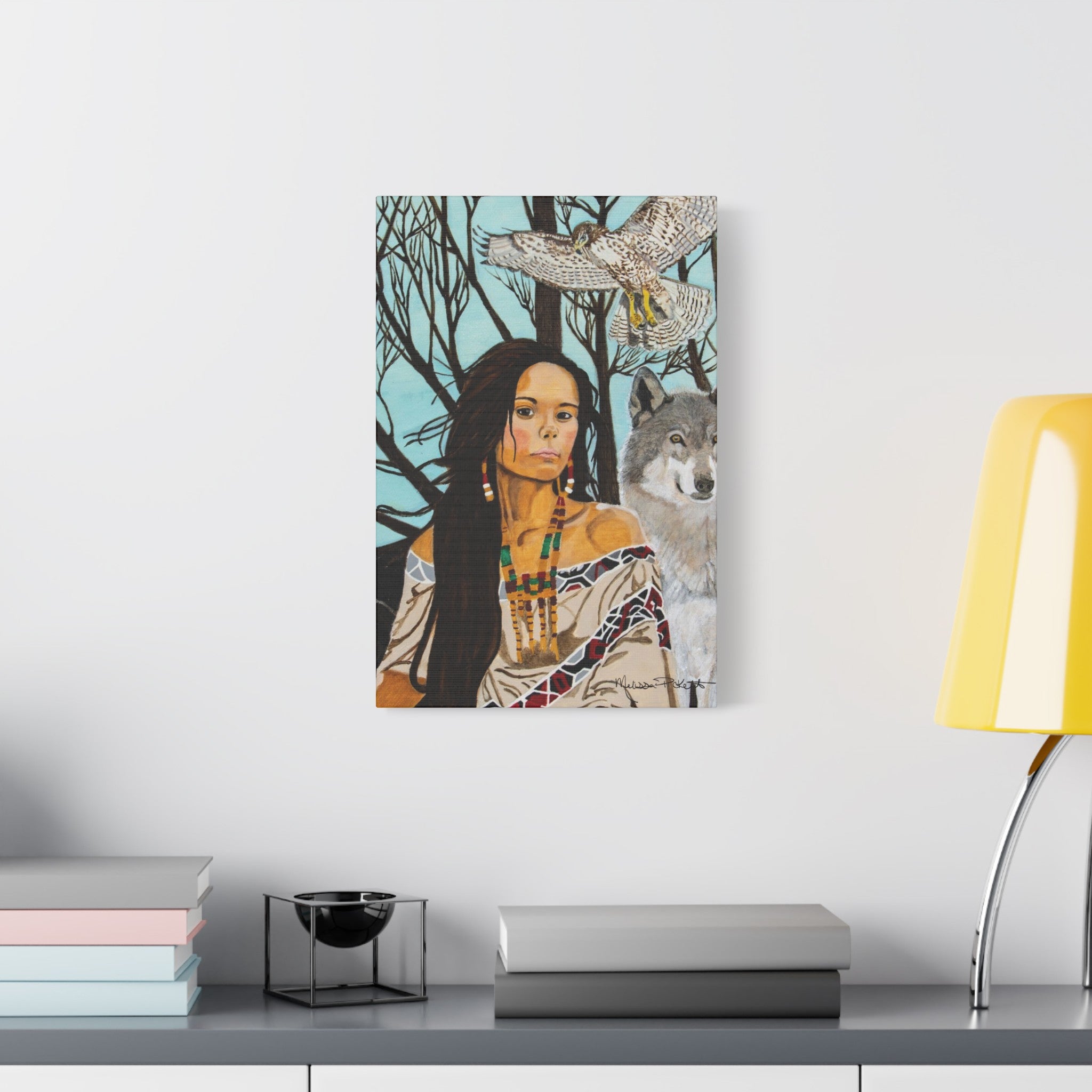 Native American Girl, Wolf, & Hawk | Satin Canvas, Stretched