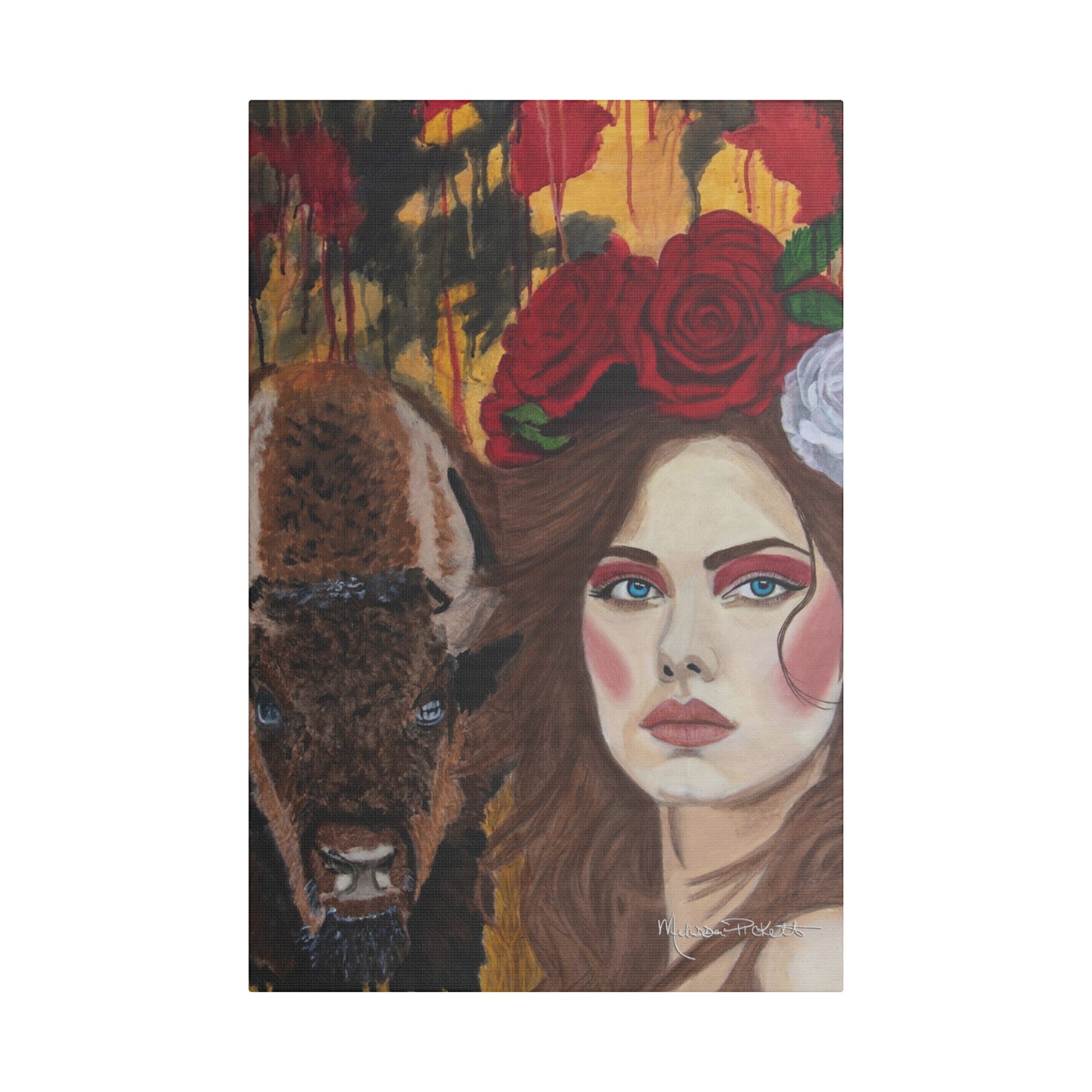 Woman & Bison | Satin Canvas, Stretched