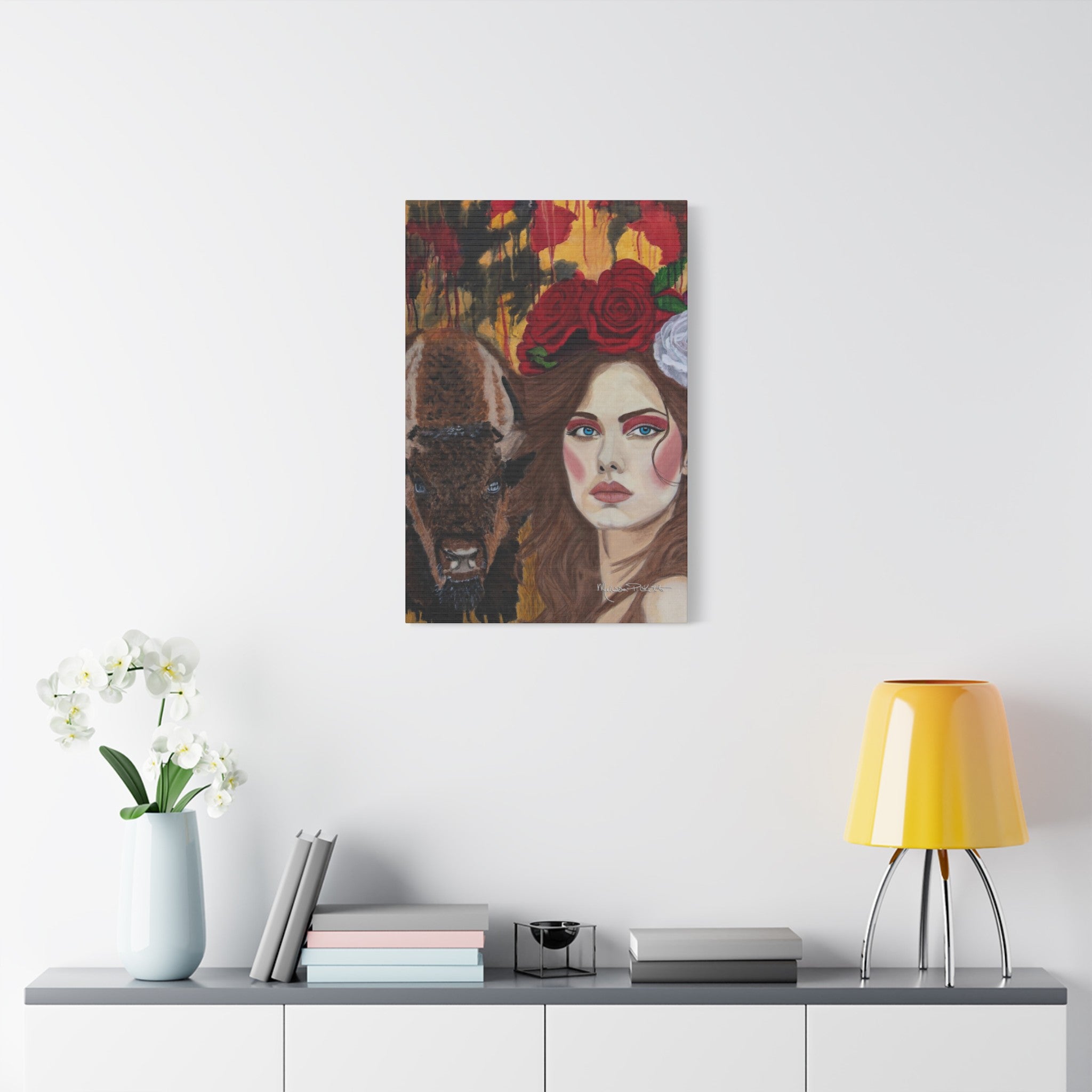 Woman & Bison | Satin Canvas, Stretched