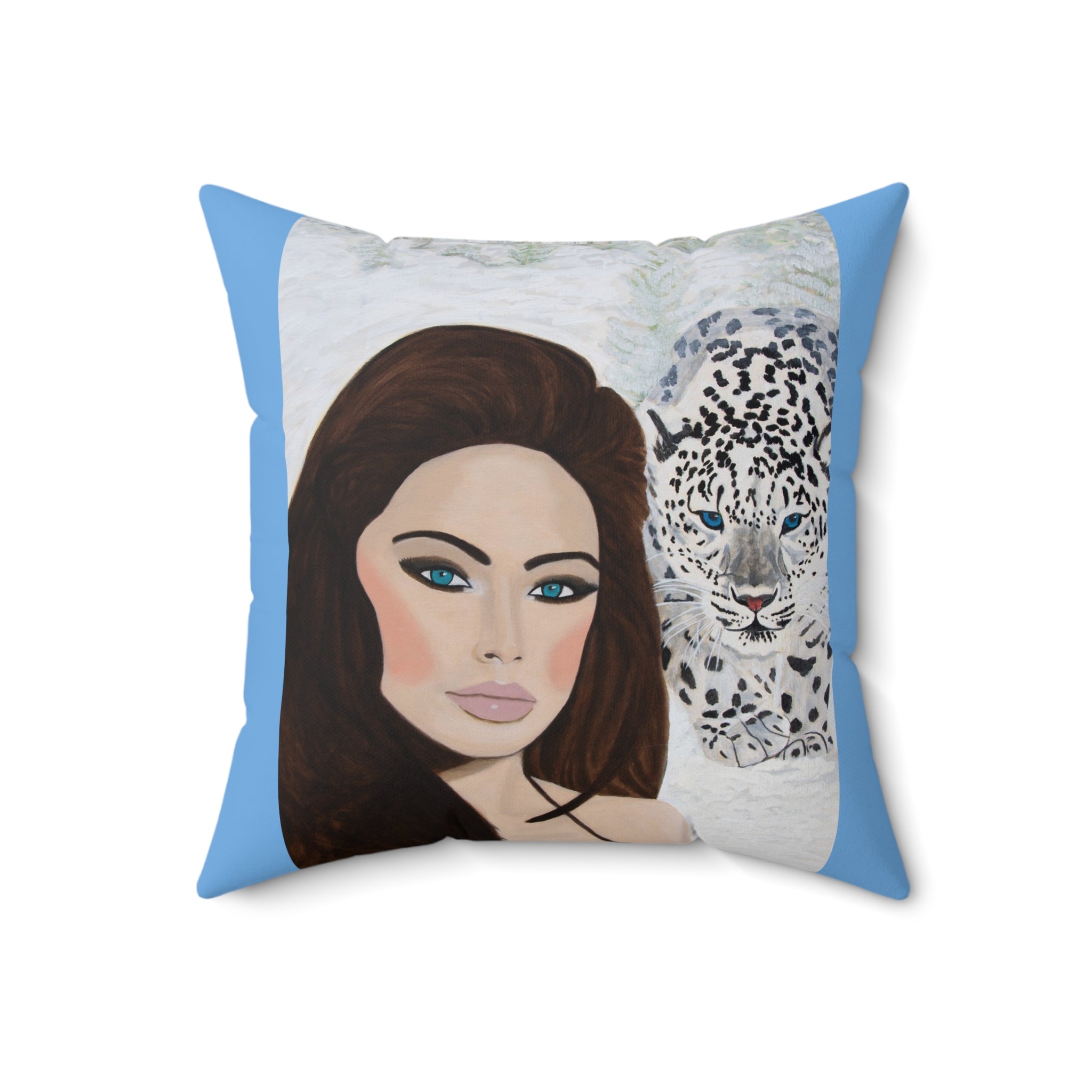 Woman & Snow Leopard | Spun Polyester Square Pillow